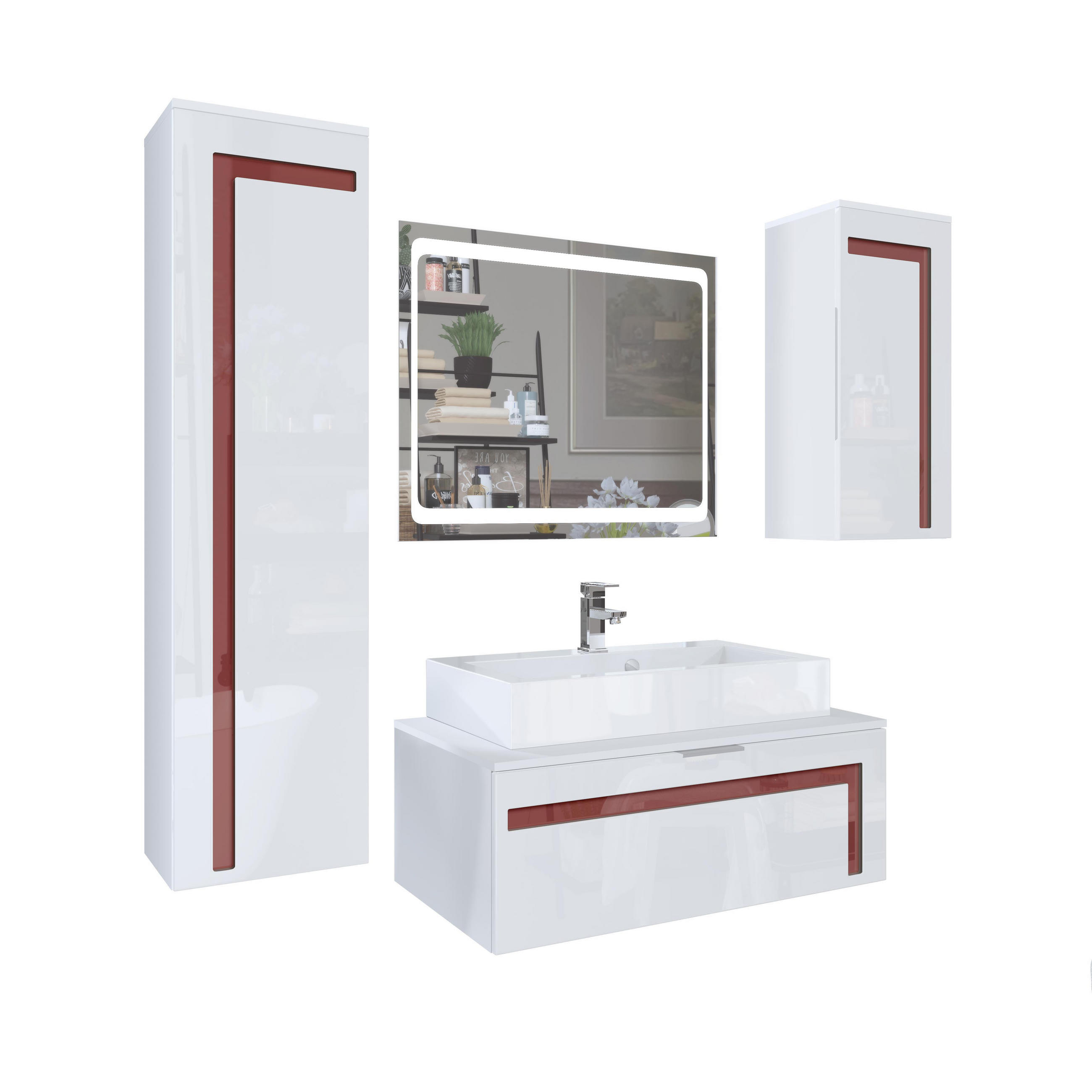 BADMÖBELSET Aloha Absetzungen in Bordeaux Hochglanz - Bordeaux, Holzwerkstoff (200/193/51cm) - Vladon