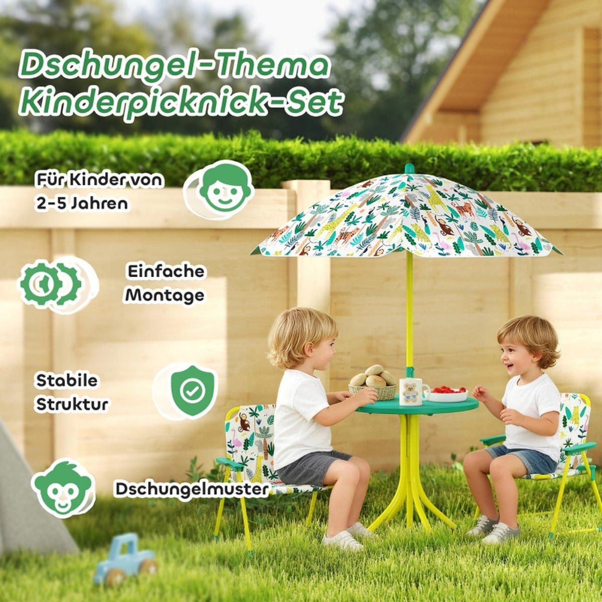 KINDER-GARTENMÖBEL 4 tlg KindersitzgruppeOutdoor 49,5x49,5x50cm Mit Sonnenschirm - Grün, Textil - Raelunyi