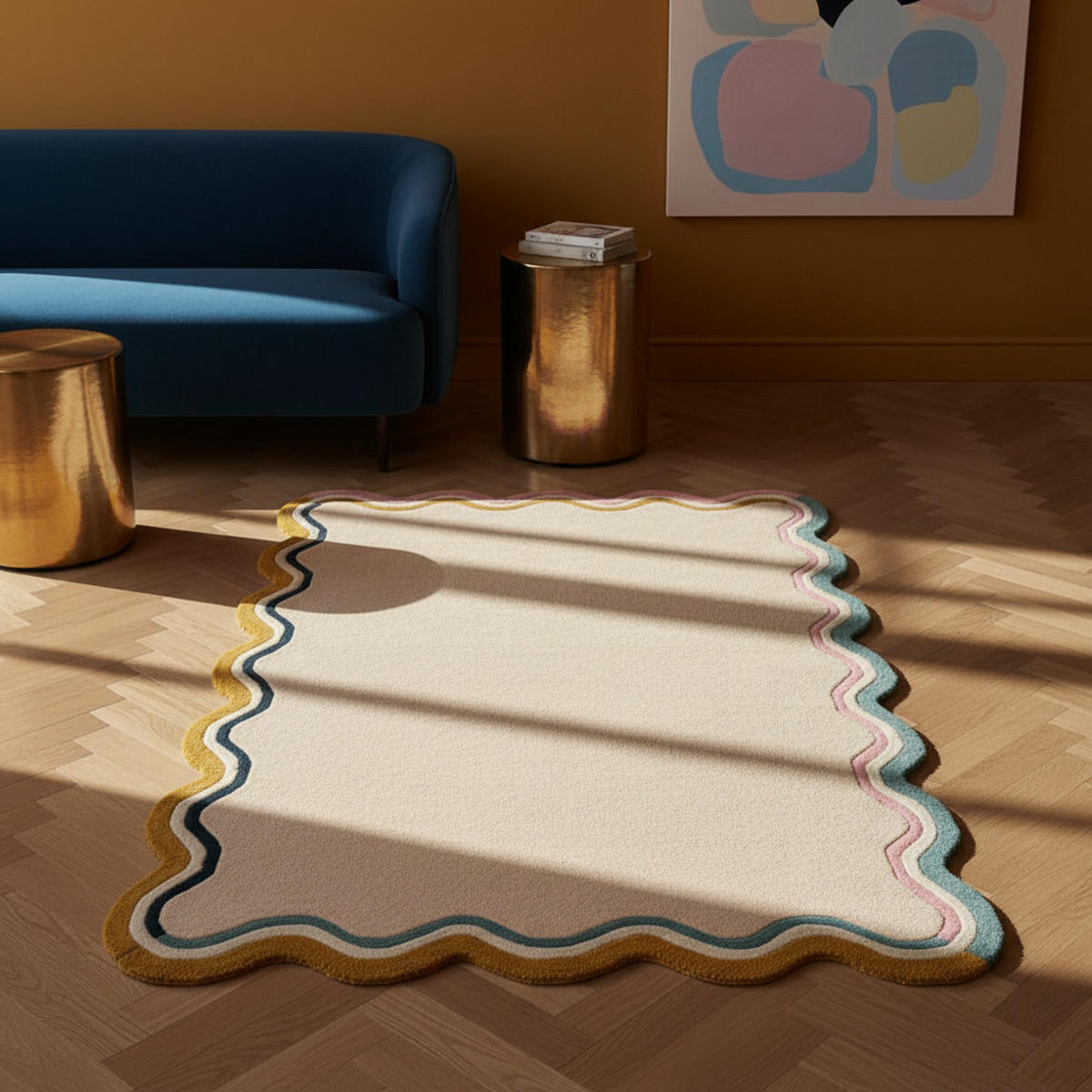 WOLLTEPPICH Wellenbordüre-Design, pastell handgetuftet WINCH, Multi 160x230 cm - Beige, Textil (160/230cm) - KADIMA DESIGN