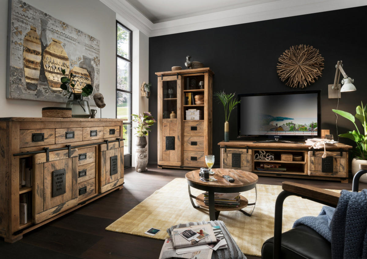 TV-COUCHTISCH Florenz Mango Vintage 180 x 55 x 50 cm - Schwarz/Braun, Holz (180/50/55cm) - Mr. Deko