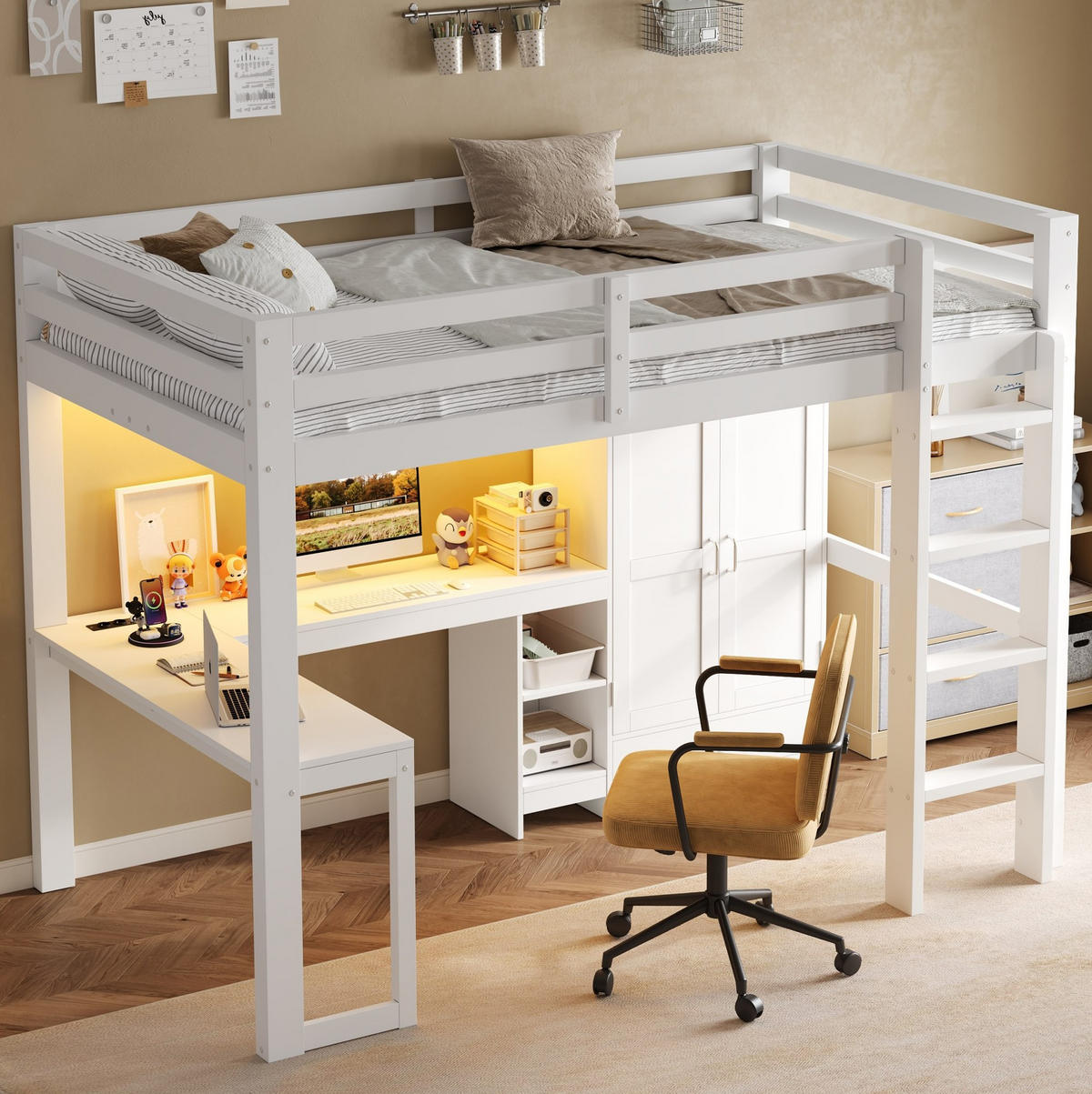 HOCHBETT aus Kiefernholz und MDF 90x200 cm Weiß mit Schreibtisch, Kleiderschrank, USB und LED-Beleuchtung - Weiß, Holzwerkstoff (90/200cm) - Modfu