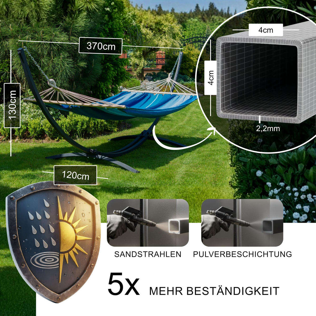 HÄNGEMATTE mit Gestell, 2 Personen, Stabhängematte, XXL, 200 kg, Metall, Braun, einfache Montage - Braun, Metall (370/130/120cm) - Potenza