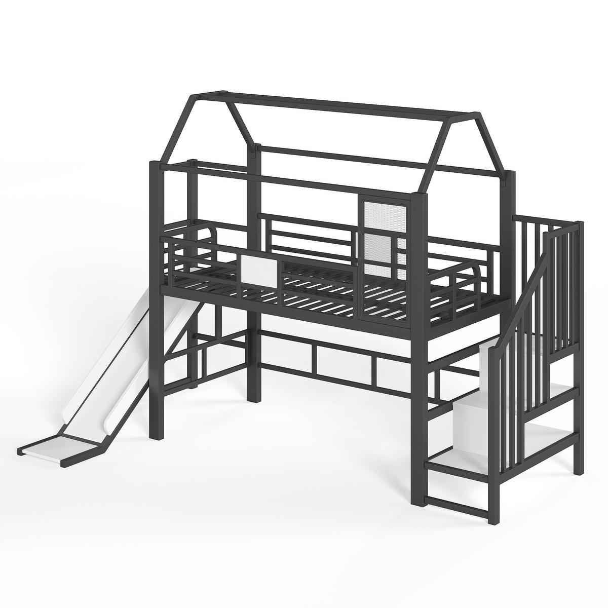 HOCHBETT 90/200 cm Hausform mit Rutsche und LED, DE-41963, in Schwarz - Schwarz, Metall (90/200cm) - ComfortXL