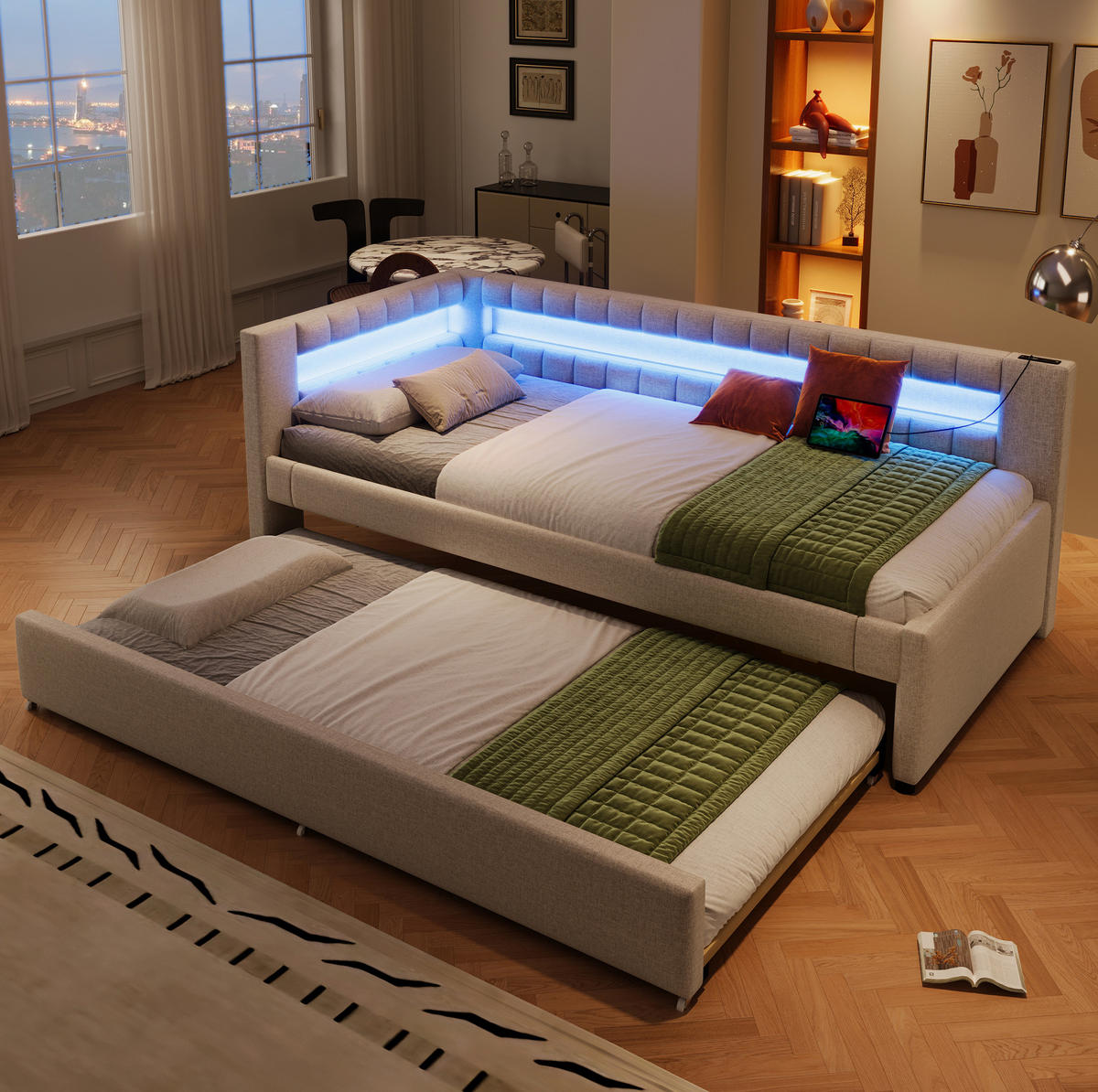 POLSTERBETT 90/200 cm Beige aus Leinen mit Ausziehbett und LED-Lichtleiste - Beige, Textil (90/200cm) - OKMYHOME