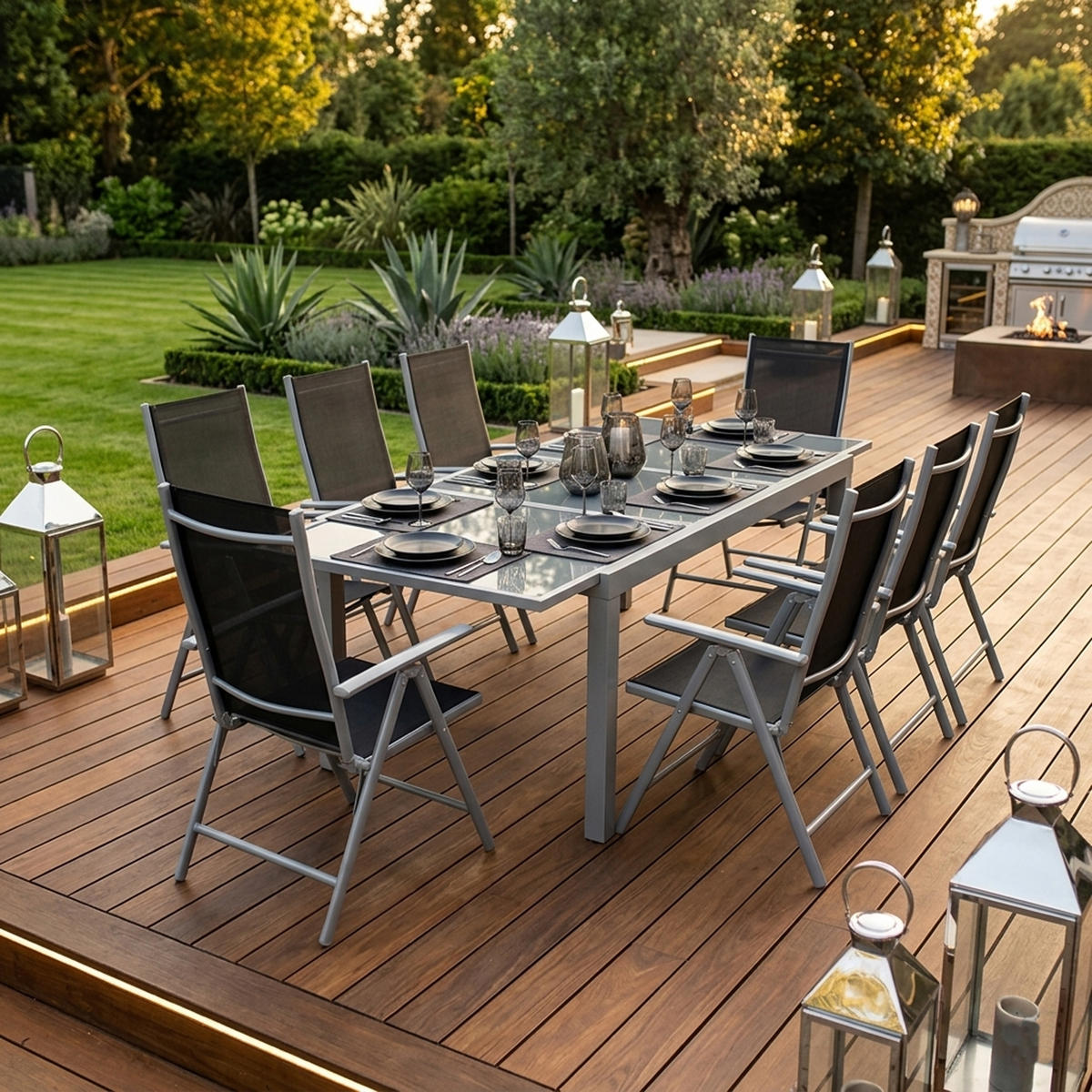 GARTEN-GARNITUR Ashford - 9-teilige Garten-Essgruppe (8x Klappsessel mit Aluminiumgestell grau, Bespannung Textilene schwarz - Schwarz, Metall - TPFGarden