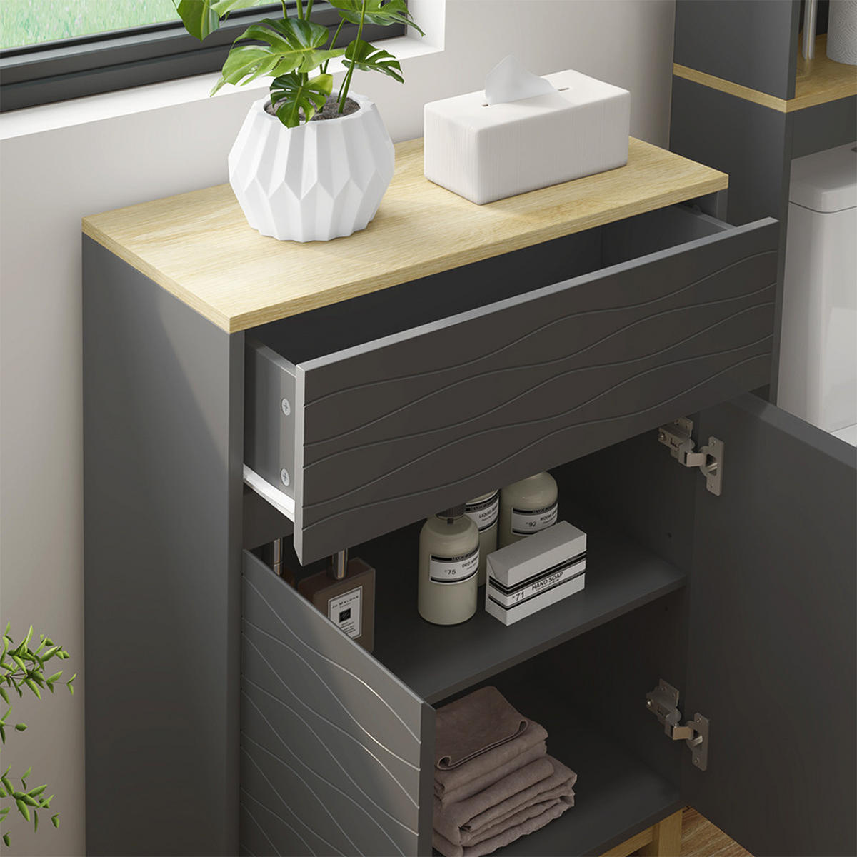 MIDISCHRANK Livia Anthrazit 60 x 80 cm mit Schublade - Anthrazit/Naturfarben, Holzwerkstoff (60/80/30cm) - Vicco