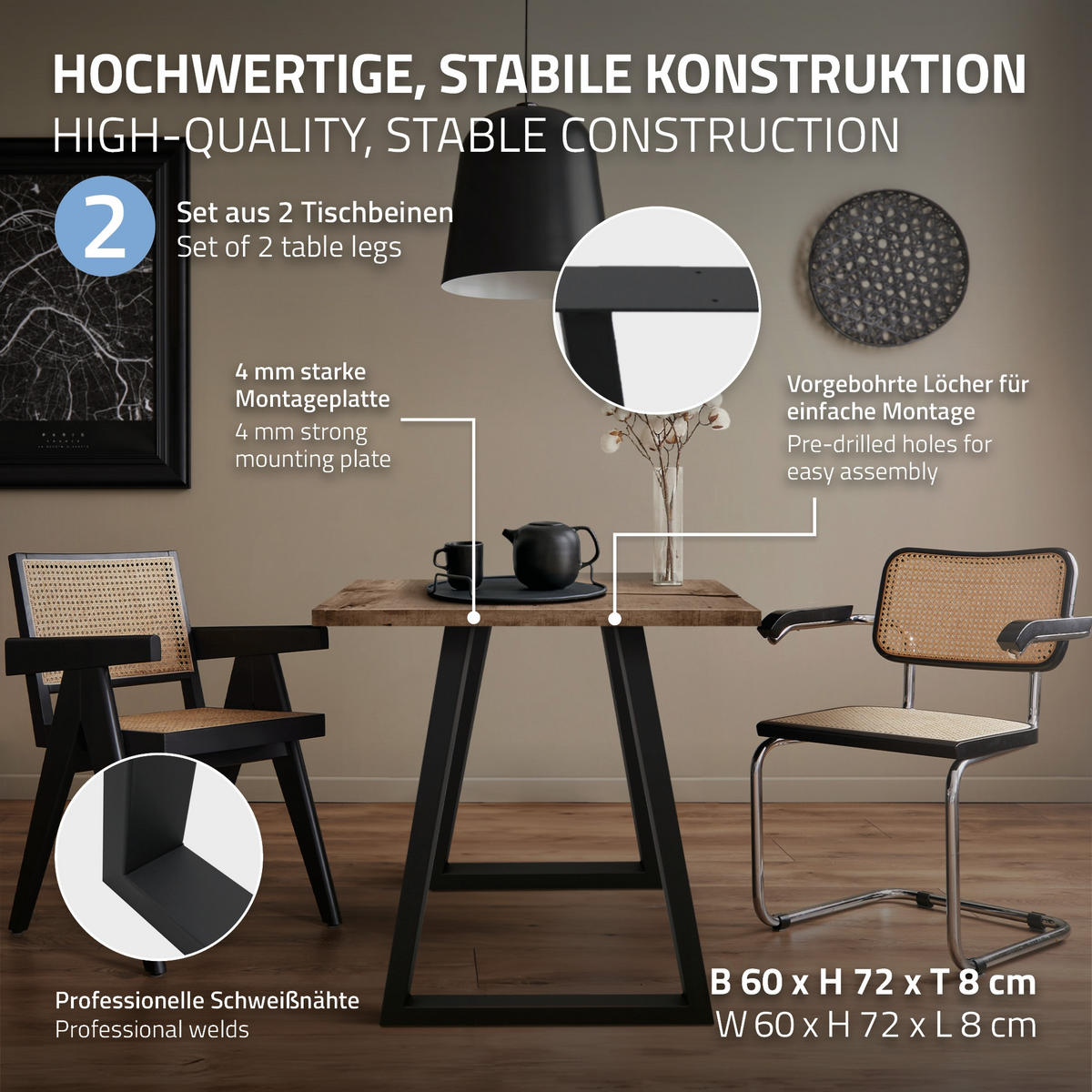 TISCHBEINE 2er Set 60 x 72 cm Schwarz Trapezförmig - Schwarz, Metall (60/8/72cm) - ECD-Germany