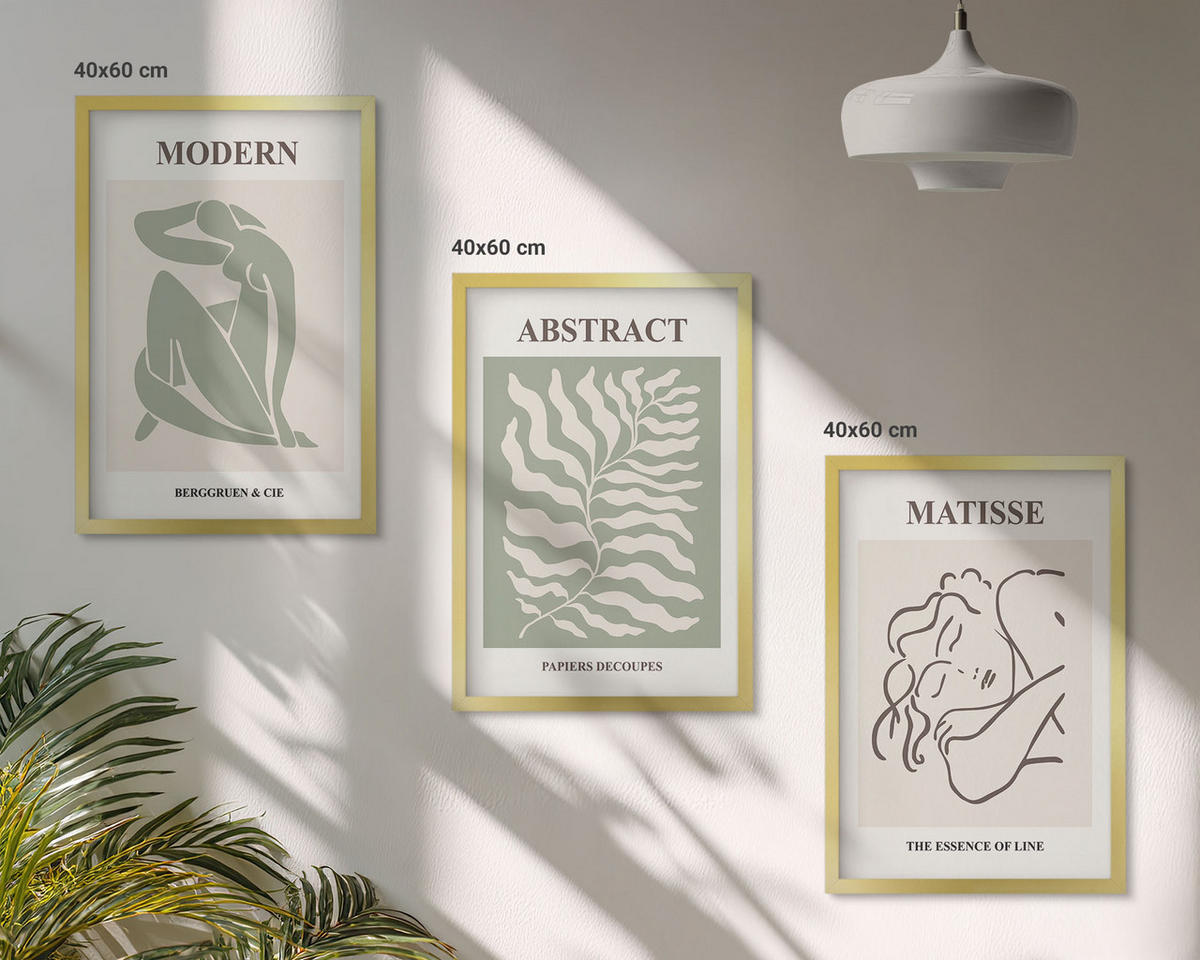 WANDBILDER 3er Set - 40x60 cm Goldrahmen - Stilvolle grüne Gemälde mit Figuren - Goldfarben, Kunststoff (40/60cm) - ArtPrintCave