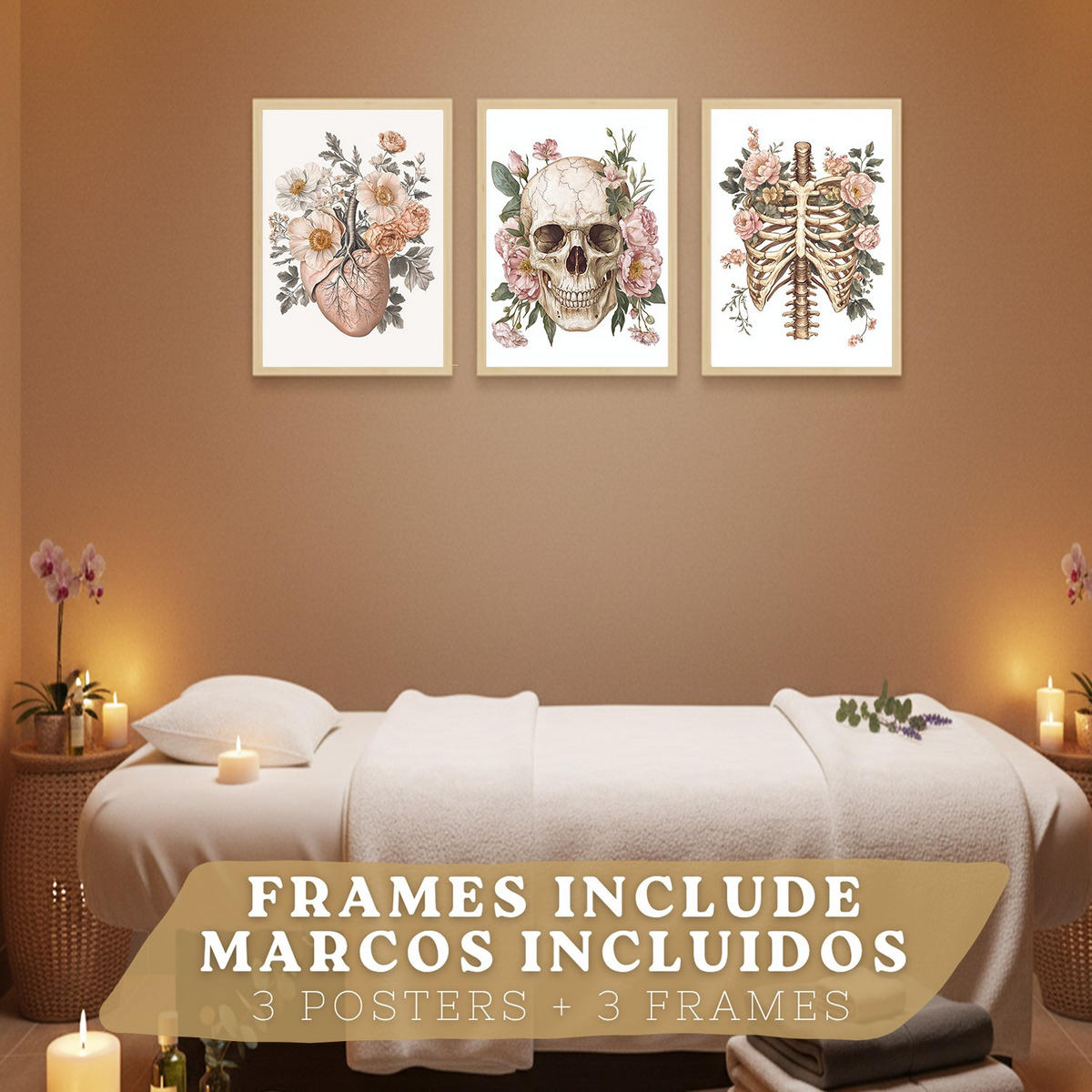 POSTER Set aus 3 Anatomie Mensch Florale Drucke und Wandbilder mit Herz Schädel und Brustkorb Weicher Vintage Stil Größe Leichter Holzrahmen A3 - Beige, Papier (29.7/42/3cm) - Nacnic
