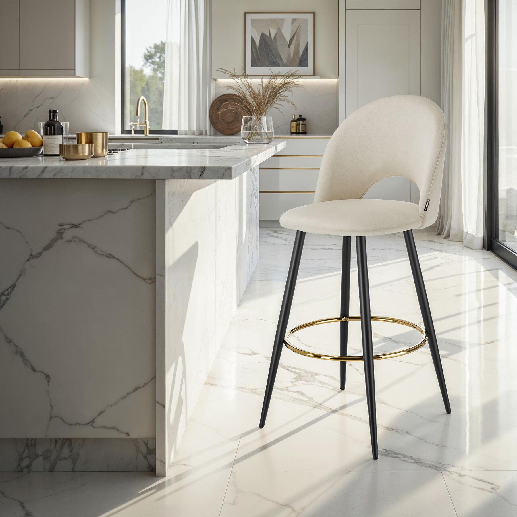 Thumbnail - tectake Barstuhl, Creme, Schwarz, Textil, 49x110x58 cm, Esszimmer, Barmöbel, Barhocker