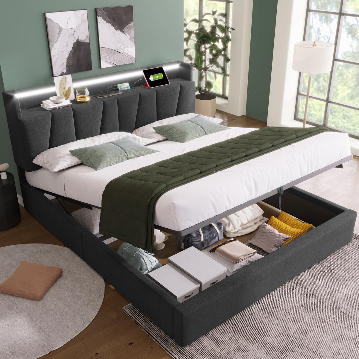 POLSTERBETT 140/200 cm grau mit Stauraum-Kopfteil und LED-Beleuchtung - Grau, Textil (140/200cm) - OKWISH