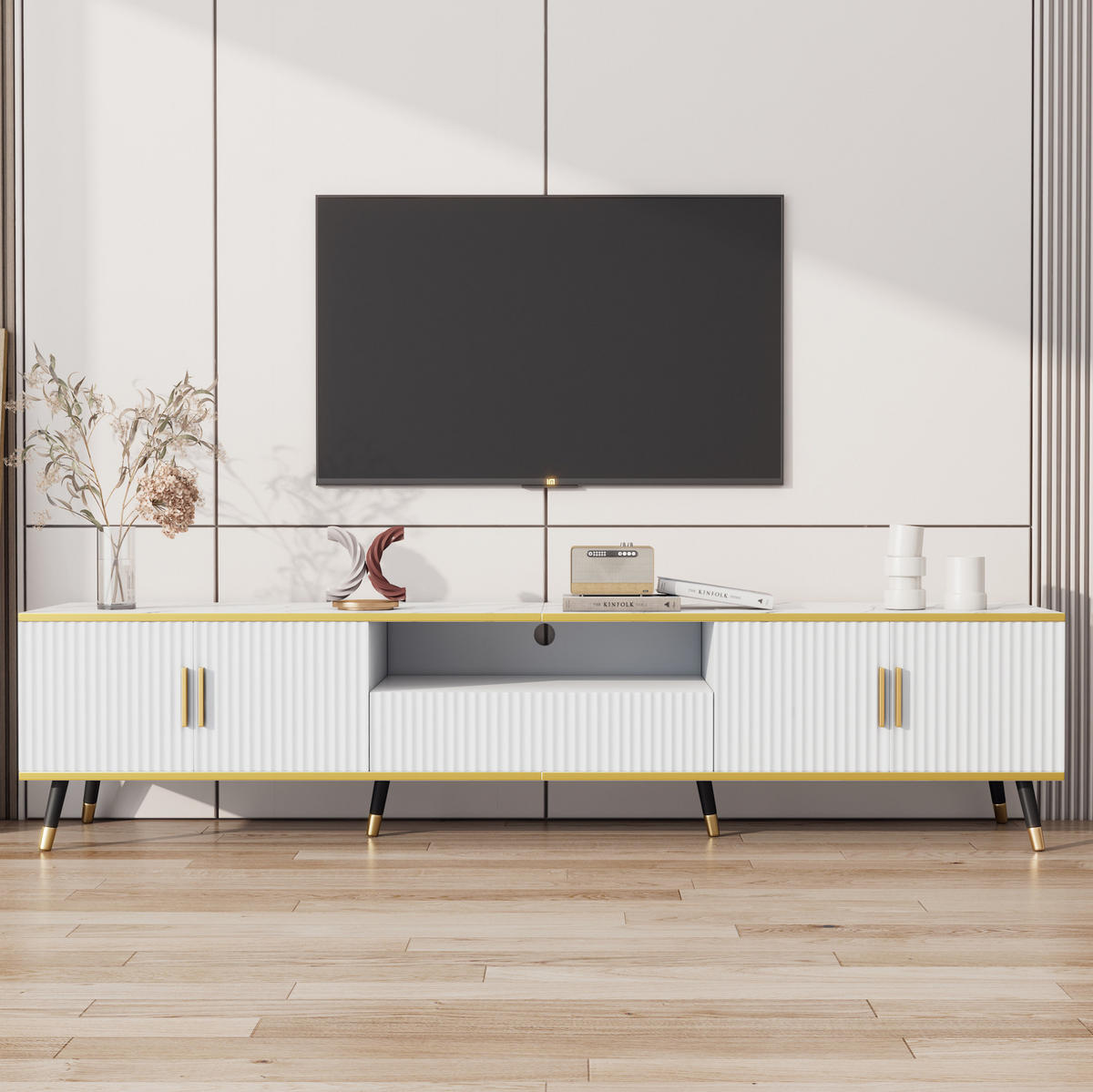 LOWBOARD 200/40/46 cm aus Spanplatte mit Marmoroptik und Kabelmanagement Weiß - Weiß, Holzwerkstoff (200/46/40cm) - Modenvie