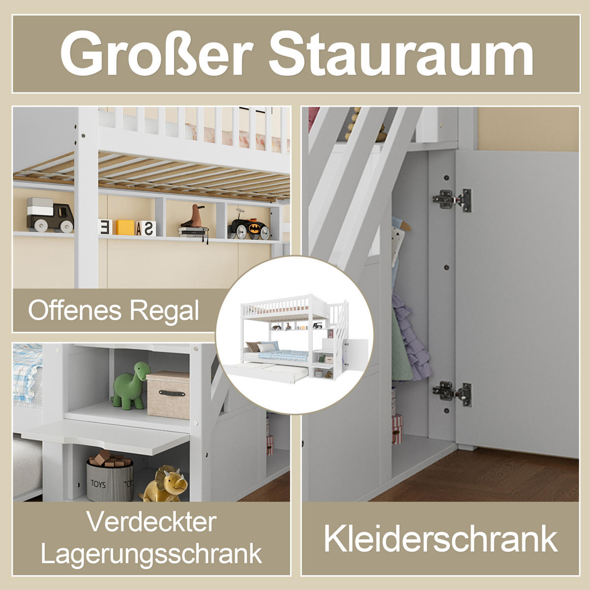 ETAGENBETT 90/200 cm in Weiß mit Ausziehbett, Kleiderschrank und Stauraum - Weiß, Holz (90/200cm) - OKMYHOME