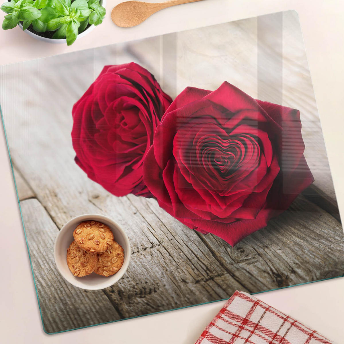 GLASPLATTE 60x52 cm Rosen auf Holz - Rot, Glas (60/0.4/52cm) - TULUP
