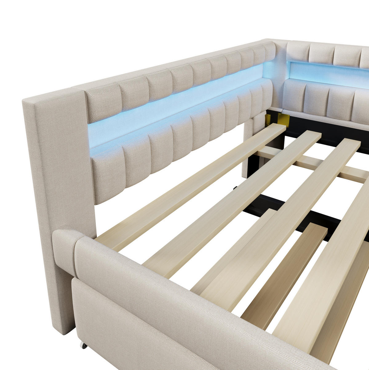 POLSTERBETT 140/200 cm Beige aus Leinen mit Ausziehbett und LED - Beige, Textil (140/200cm) - OKMYHOME