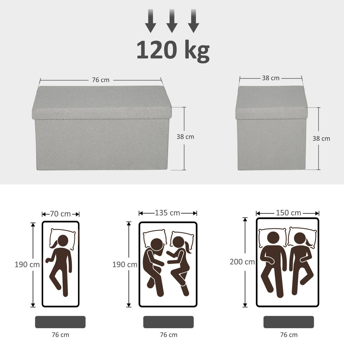 SITZBANK mit Stauraum, faltbar Polsterbank, Bettbank mit Samtoptik, Sitztruhe - Hellgrau, Textil (38/38/76cm) - HOMCOM