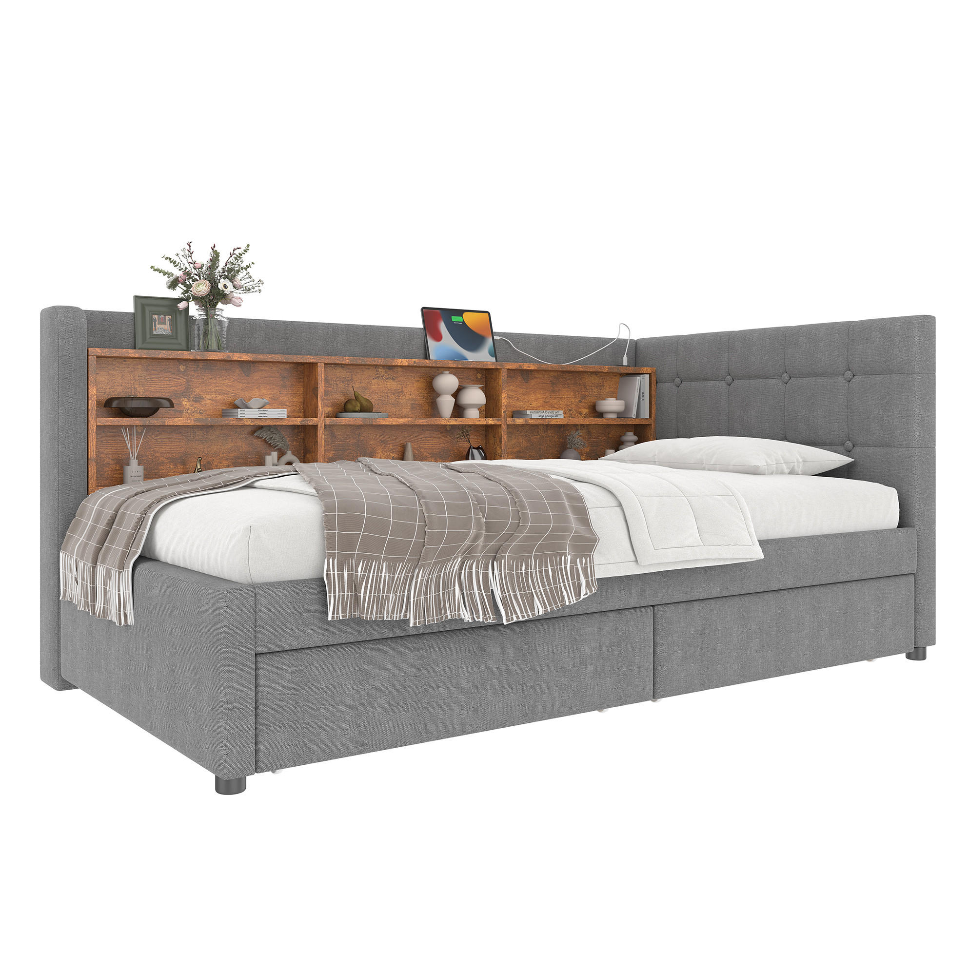 POLSTERBETT 90/200 cm grau aus Leinen mit 2 Schubladen und USB-Anschluss - Grau, Textil (90/200cm) - OKMYHOME