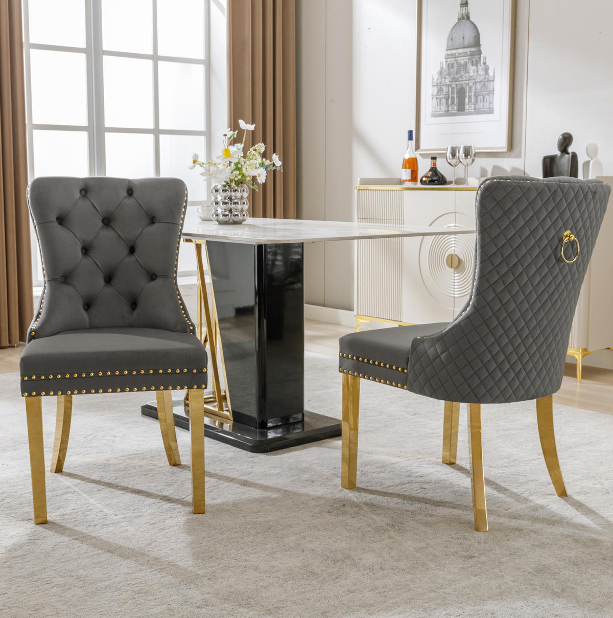 ESSZIMMERSTUHL 2er-Set Samt mit Zugring 50,5 x 45 x 95 cm Grau/Gold - Grau, Metall (45/95/50.5cm) - Meubliv