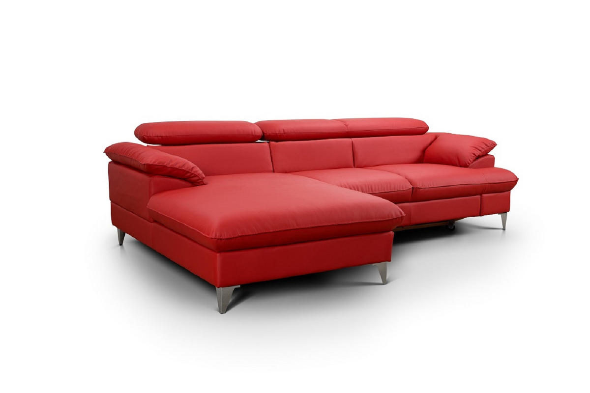 ECKSOFA mit Schlaffunktion und Bettkasten, verstellbare Kopfstützen - Chromfarben/Rot, Textil/Metall (254/167cm) - Cotta