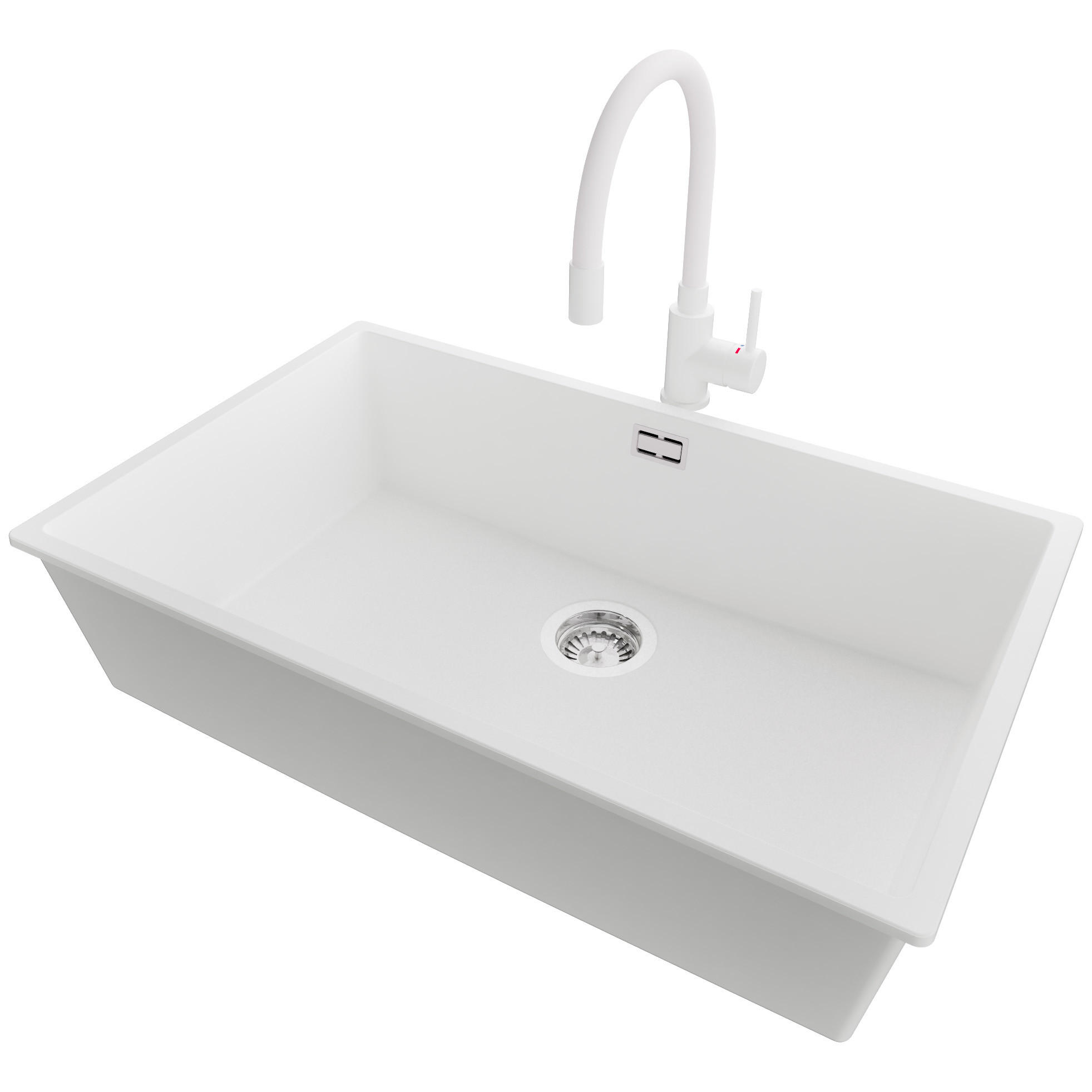 UNTERBAUSPÜLE GRANIT London, 2-er set Weiß 76/47 cm 1 Becken + Küchenarmatur 38/14 cm + Ablauf-Set ab 80er Unterschrank - Chromfarben/Weiß, Kunststoff (76/20/47cm) - Primagran