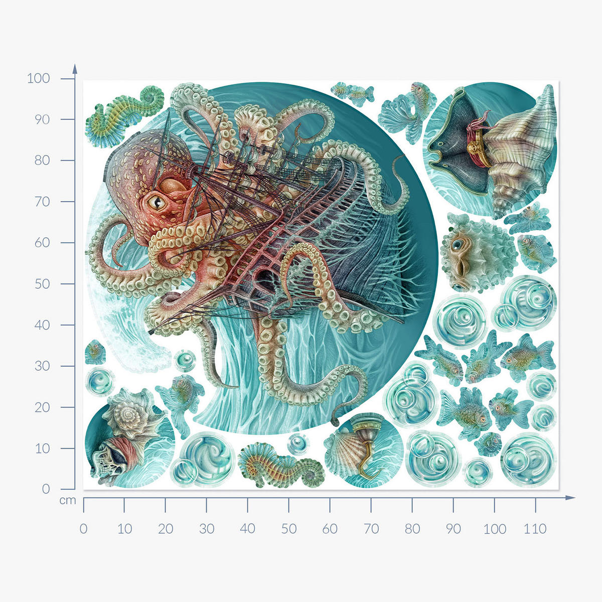 WANDAUFKLEBER 100x116cm - Die Welt des Oktopus - Multicolor, Kunststoff (100/116/0.1cm) - Wallfluent