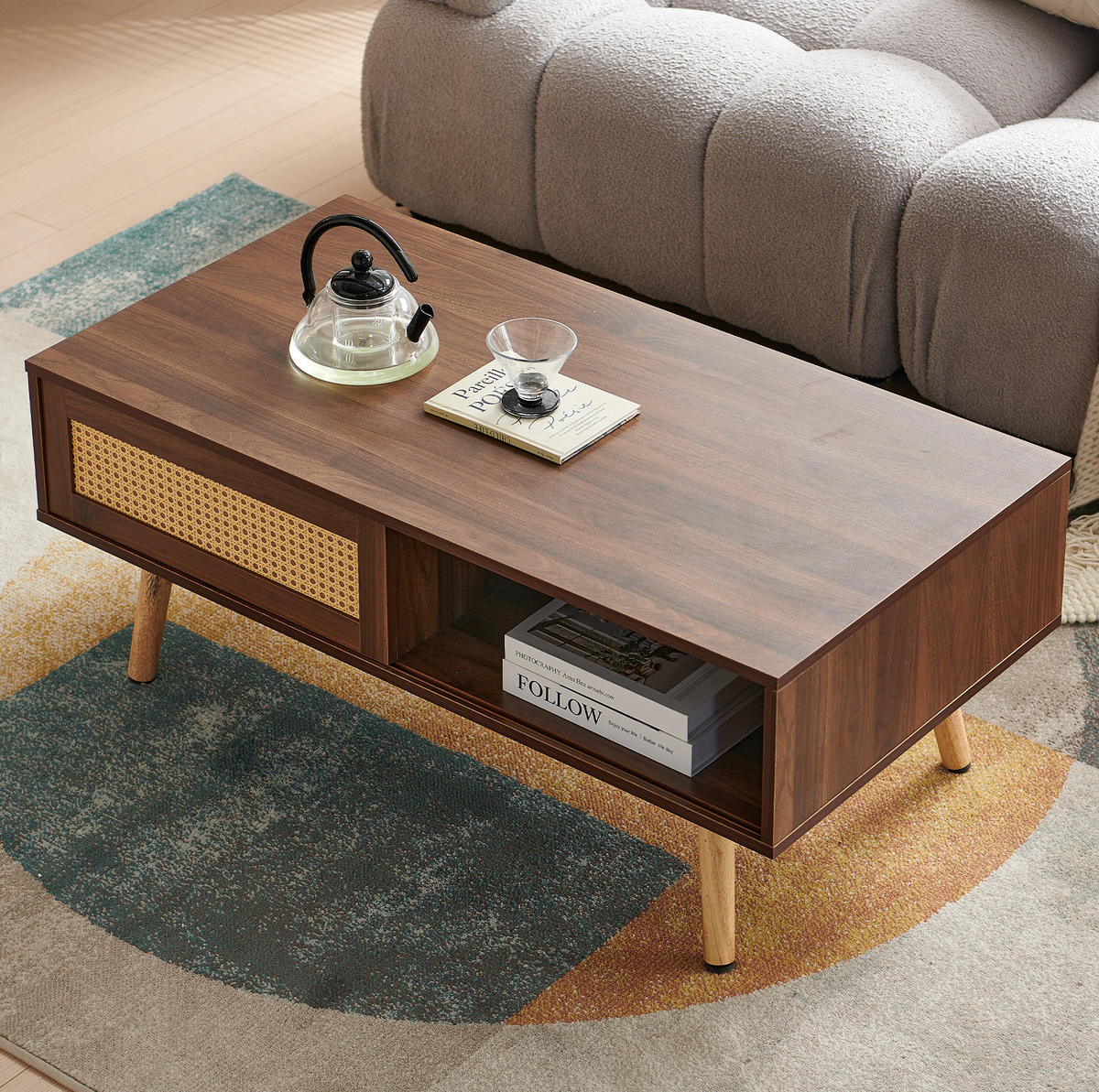 COUCHTISCH aus MDF in Braun mit Rattan-Schiebetür - Braun, Holzwerkstoff (105/55/41.5cm) - Modfu