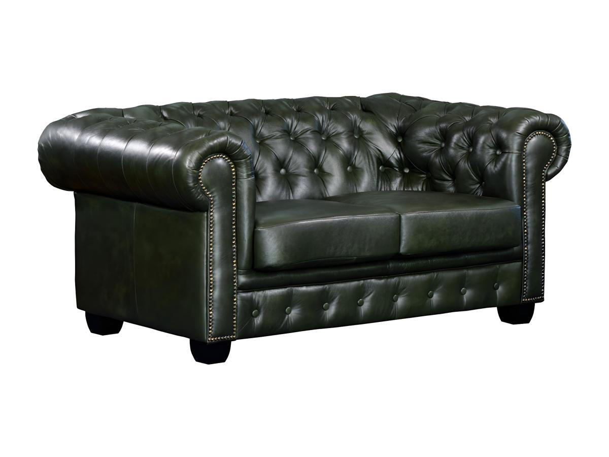 CHESTERFIELD Ledersofa 2-Sitzer - Büffelleder - Schwarzgrün - BRENTON - Grün, Leder (96/73/160cm) - Vente-Unique