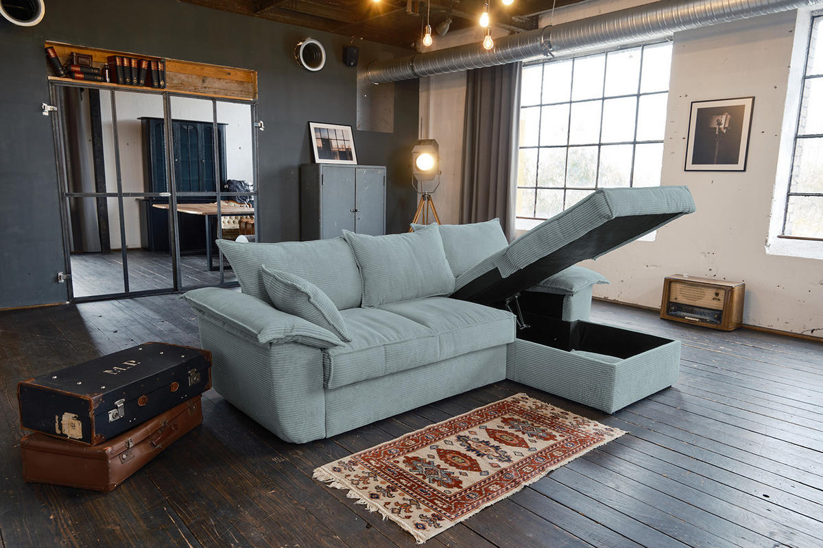 ECKSOFA DAMETO Hellblau Cord - Schwarz/Hellblau, Kunststoff/Textil (266/174cm) - KAWOLA