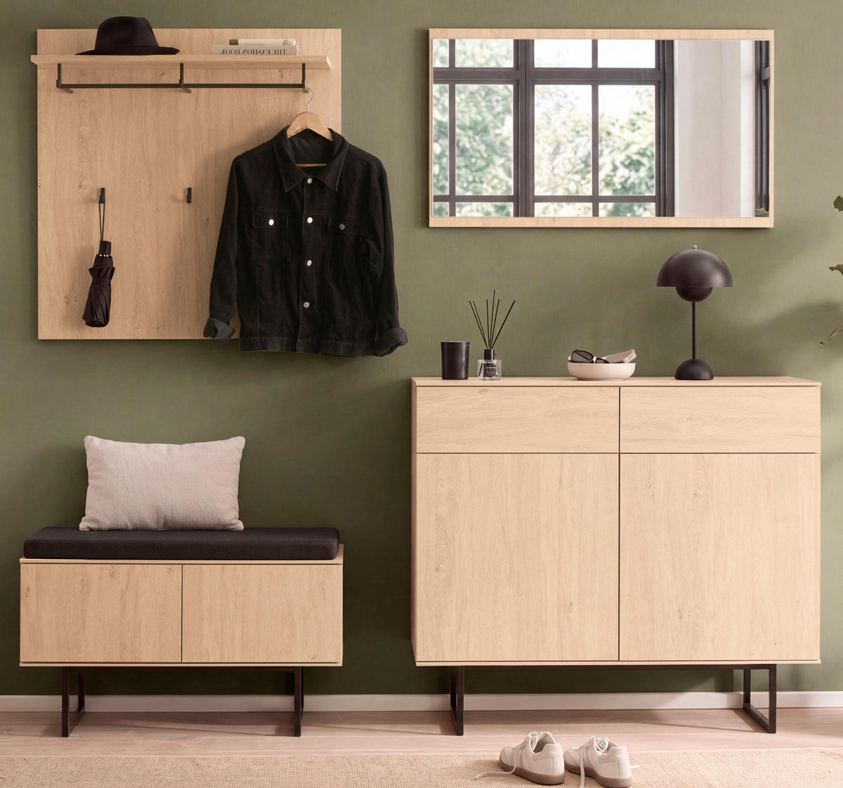 GARDEROBE-SET Stone Eiche 5-teilig 215 cm, Garderobenkombination in modernem Design - Eichefarben/Schwarz, Holzwerkstoff/Metall (215/200/40cm) - Furn.Design