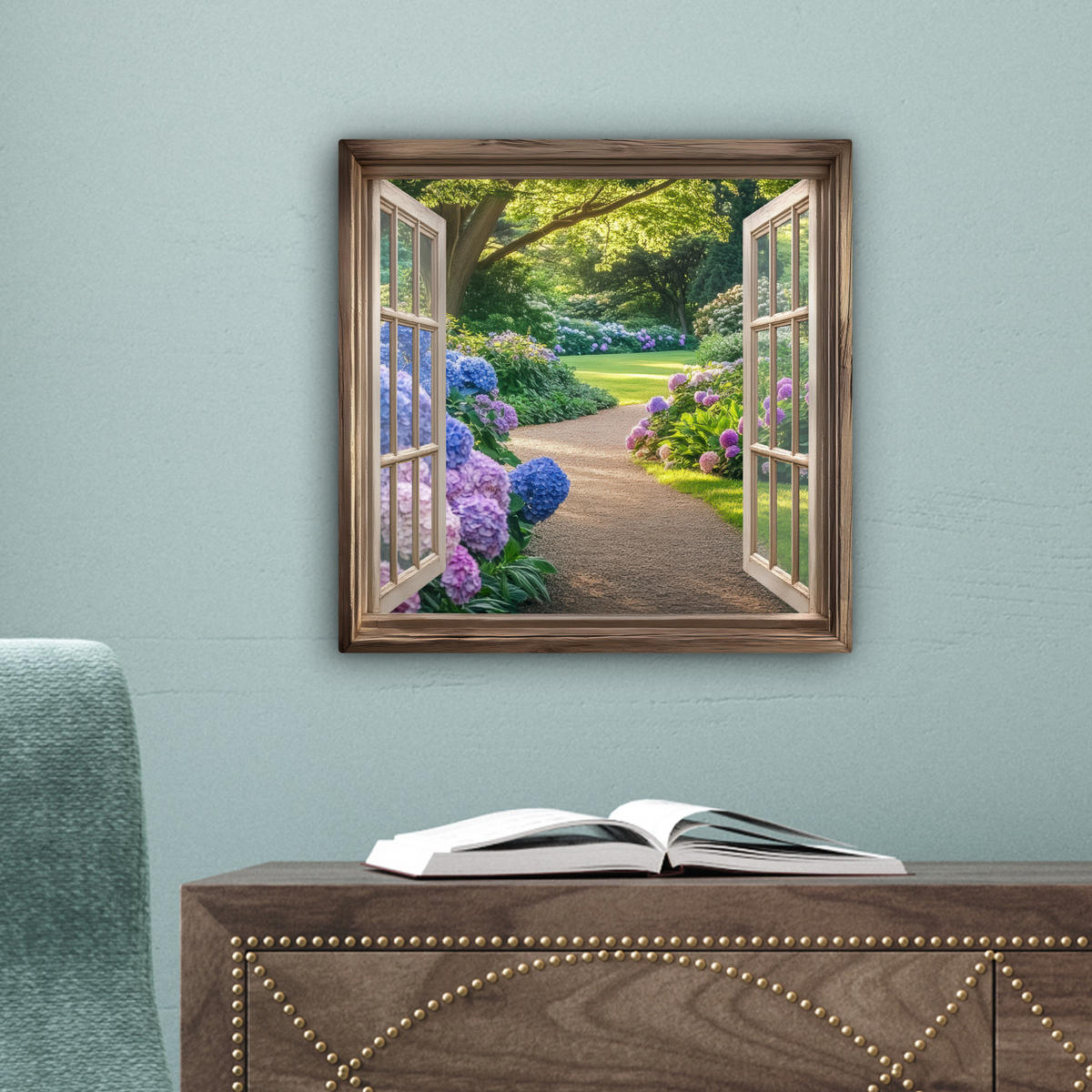 LEINWANDBILD Aussicht - Garten - Fenster - Hortensie - Blumen 20x20 cm - Pastellblau, Textil (20/20cm) - MuchoWow