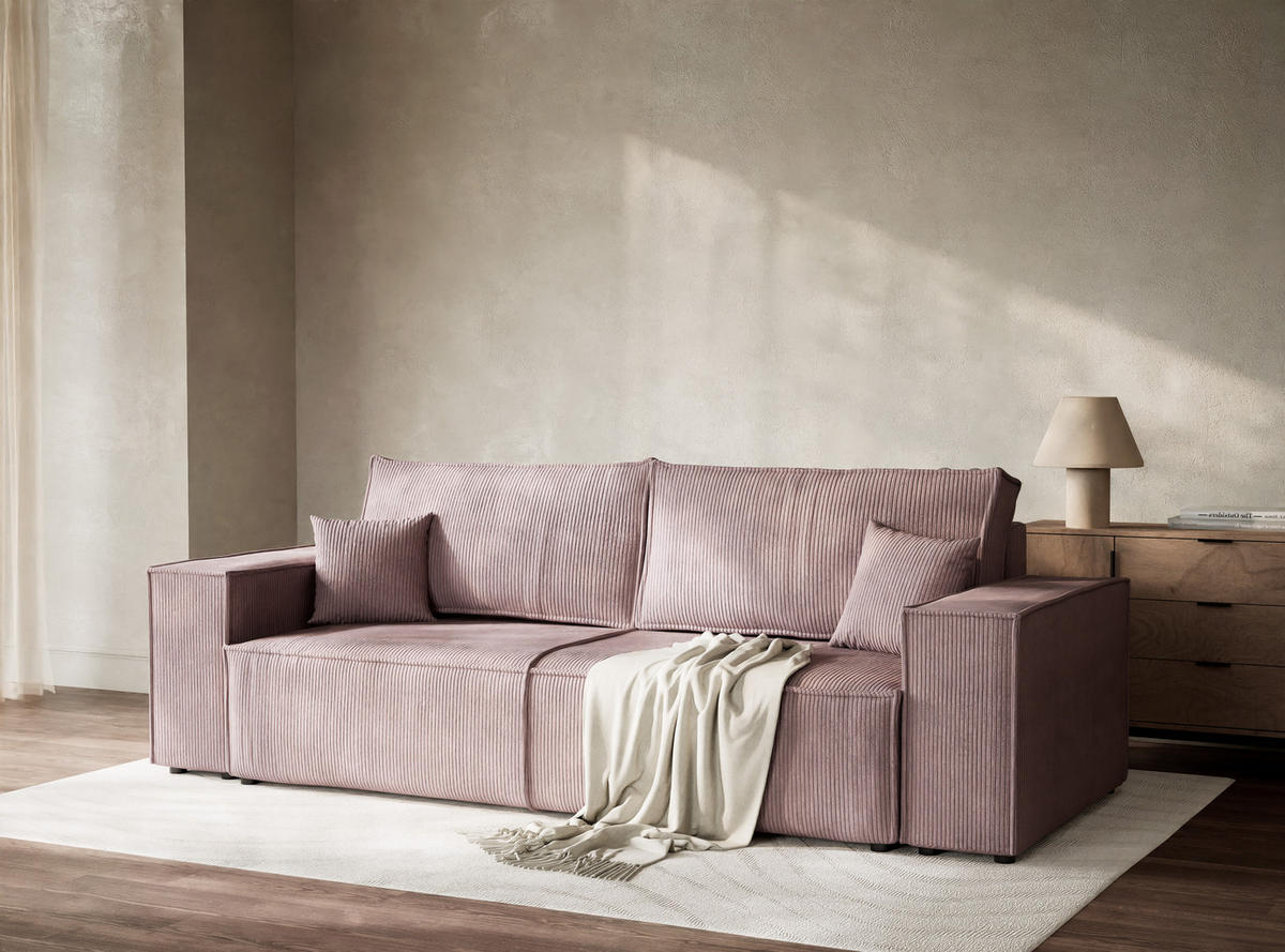SOFA MIT SCHLAFFUNKTION Milos Lila Samtstoff - Flieder/Schwarz, Holz/Holzwerkstoff (255/70/105cm) - Maison de Reve