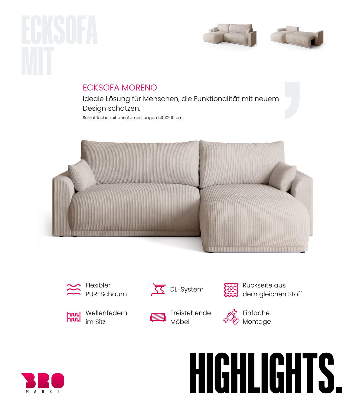 ECKSOFA MORENO mit Schlaffunktion Vanille Cord - Creme, Textil (262/160cm) - Bromarkt