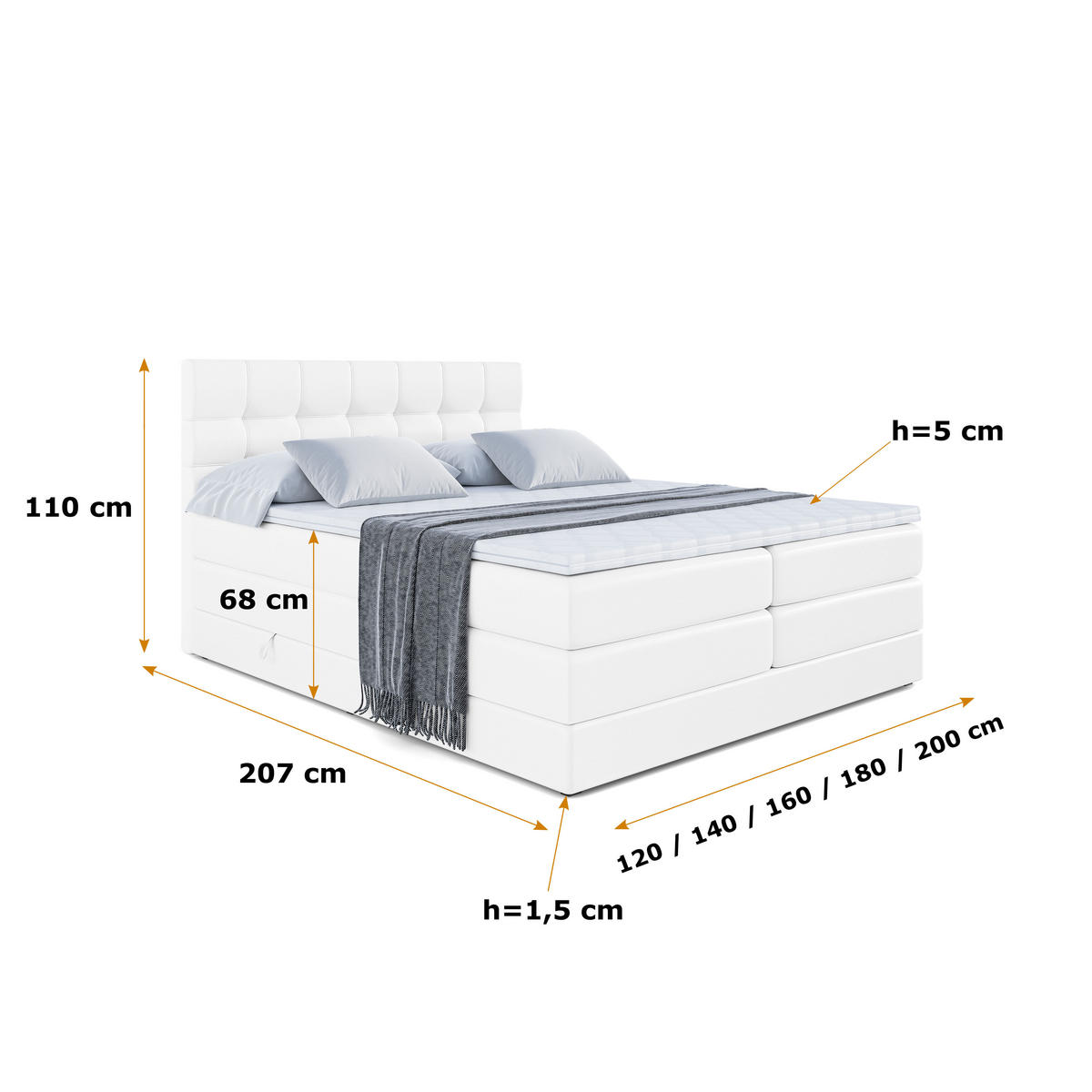 BOXSPRINGBETT BERO KING - 180x200 - H3/H4 - Weiß Hochglanz - Weiß Hochglanz, Holzwerkstoff (180/200cm) - ALTDECOR