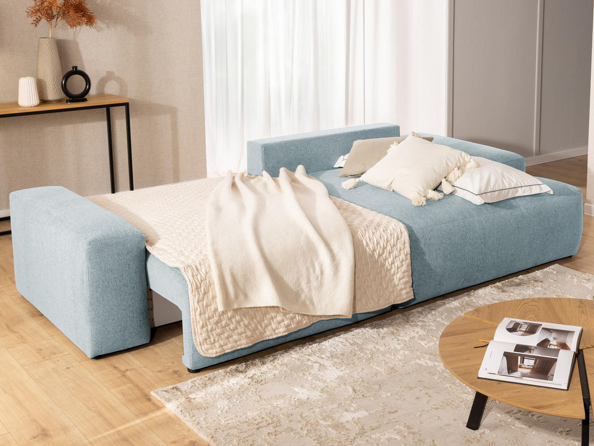 ECKSOFA inkl. Hocker Lennon aus Hellblau Strukturstoff mit Schlaffunktion und Bettkasten - Schwarz/Hellblau, Holz/Kunststoff (264/137cm) - S-Style