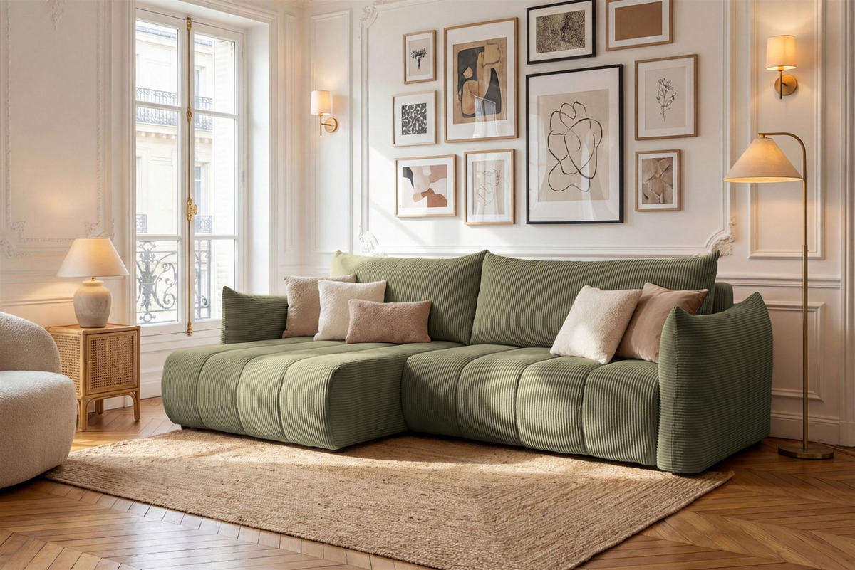 ECKSOFA Ontario Mit Schlaffunktion - Olivgrün, Holzwerkstoff/Textil (154/260cm) - Fun Möbel