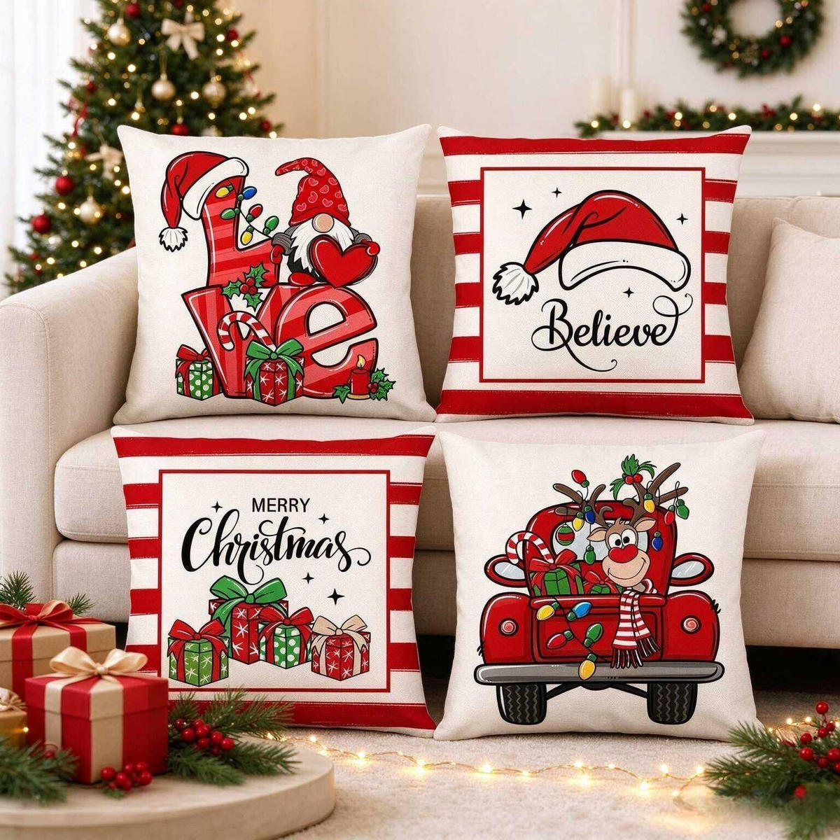KISSENBEZUG – Weihnachtskissenbezug (Kissenfüllung nicht enthalten) – 45 x 45 cm – Multicolor(vier Stück) - Multicolor, Textil (45/45cm)
