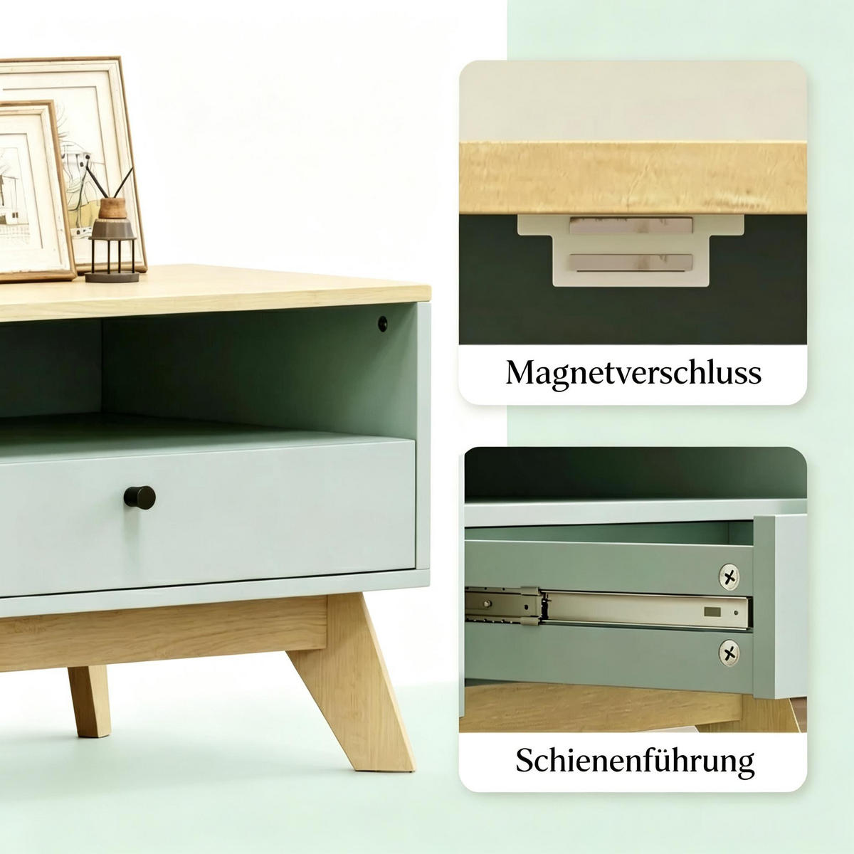 COUCHTISCH rechteckig Hellgrün/Eichenoptik mit Schublade - Eichefarben/Grün, Holzwerkstoff (100/50/40cm)