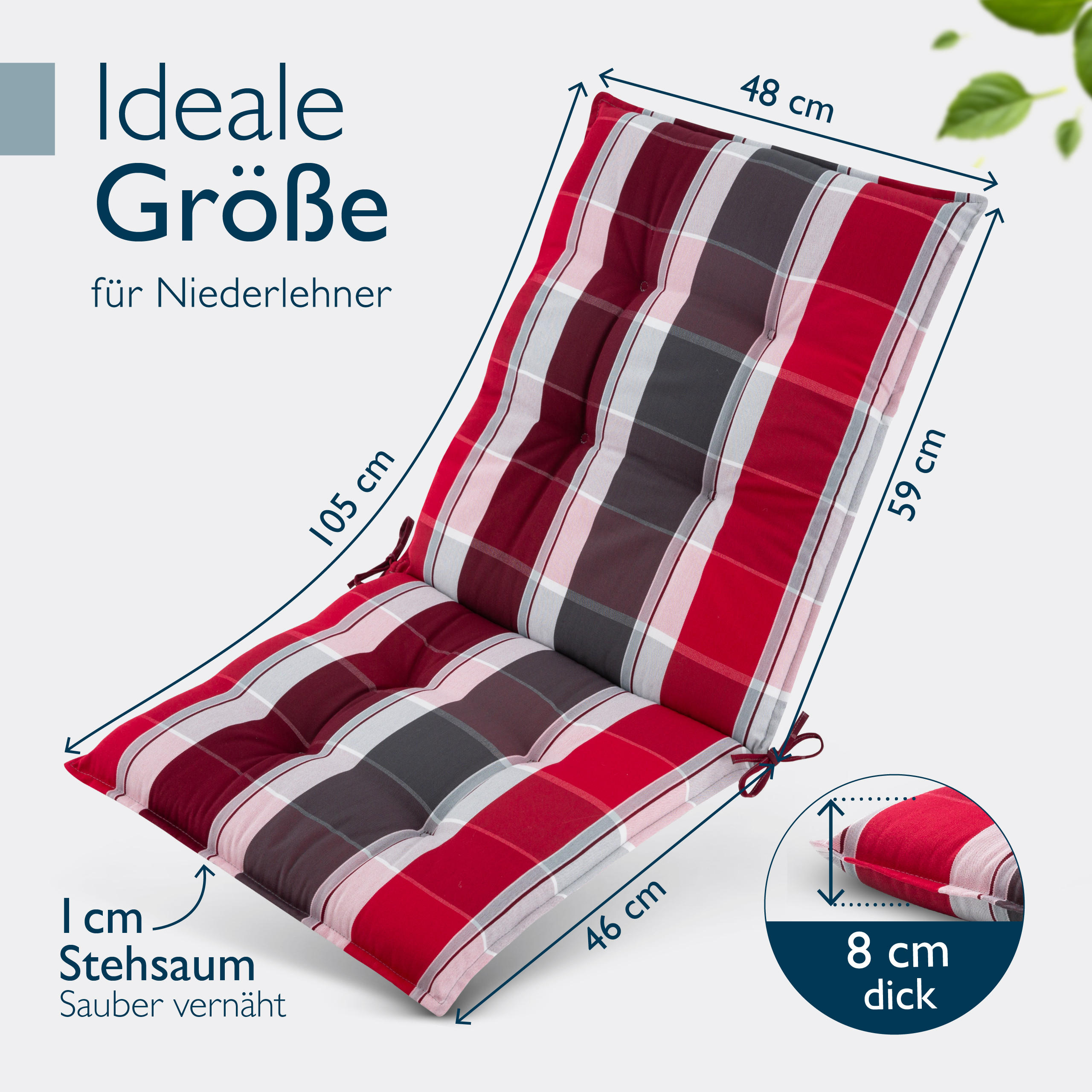NIEDERLEHNERAUFLAGE Sun-NL 105/50/8cm Rot-Anthrazit-Gestreift - Multicolor, Textil (50/8/105cm) - Beautissu 