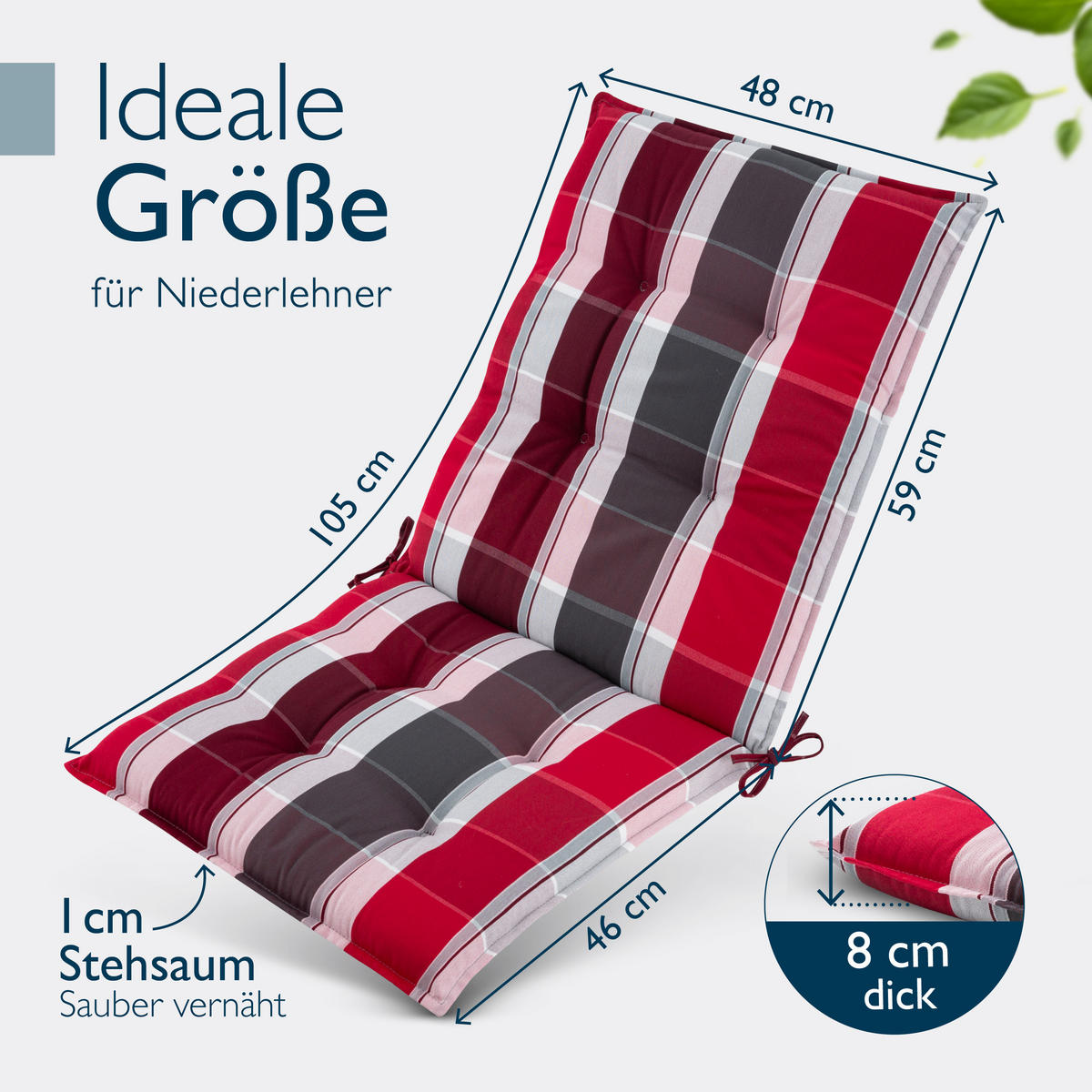 NIEDERLEHNERAUFLAGE Sun-NL 105/50/8cm Rot-Anthrazit-Gestreift - Multicolor, Textil (50/8/105cm) - Beautissu 