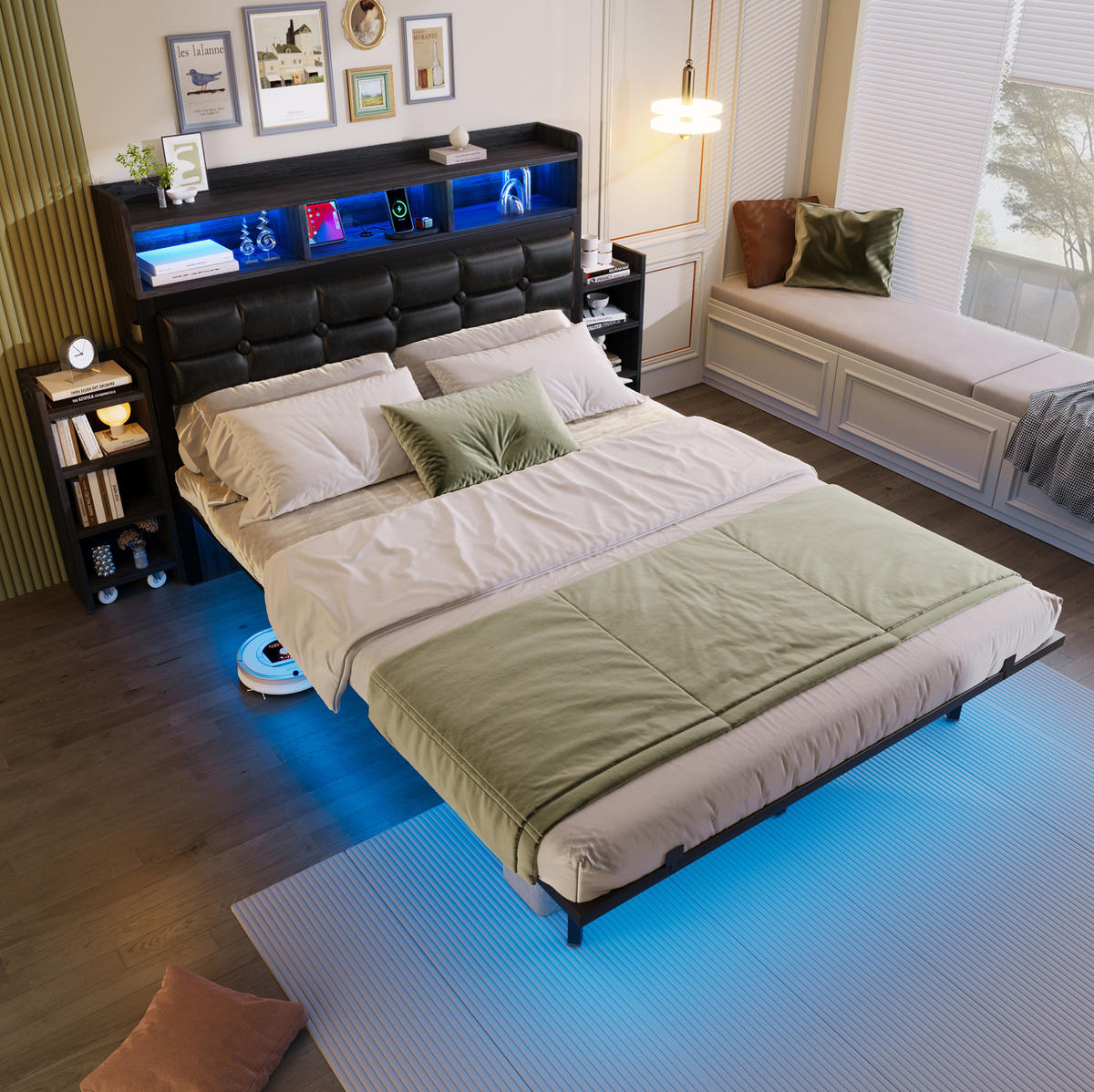 POLSTERBETT 140/190 cm mit LED, USB-C-Ladestation und 2 Nachttischen, schwebende Optik, Grau/Weiß - Grau, Metall (140/190cm) - Redom