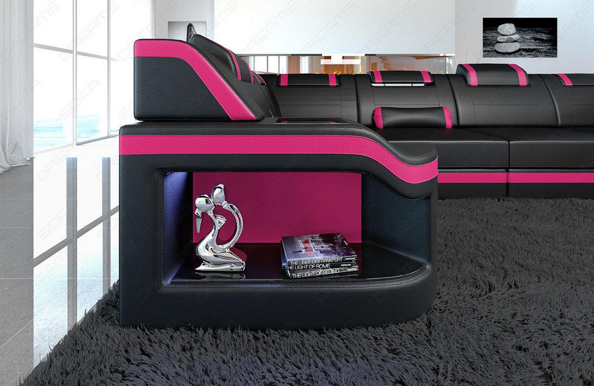 WOHNLANDSCHAFT Sofa Padua U Schwarz Pink Kunstleder - Schwarz, Textil (308/80/185cm)