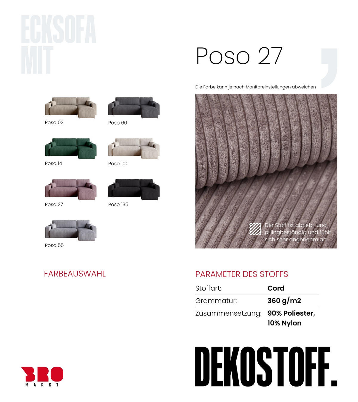 ECKSOFA PUMI mit Schlaffunktion Puderrosa Cord - Rosa, Textil (244/148cm) - Bromarkt