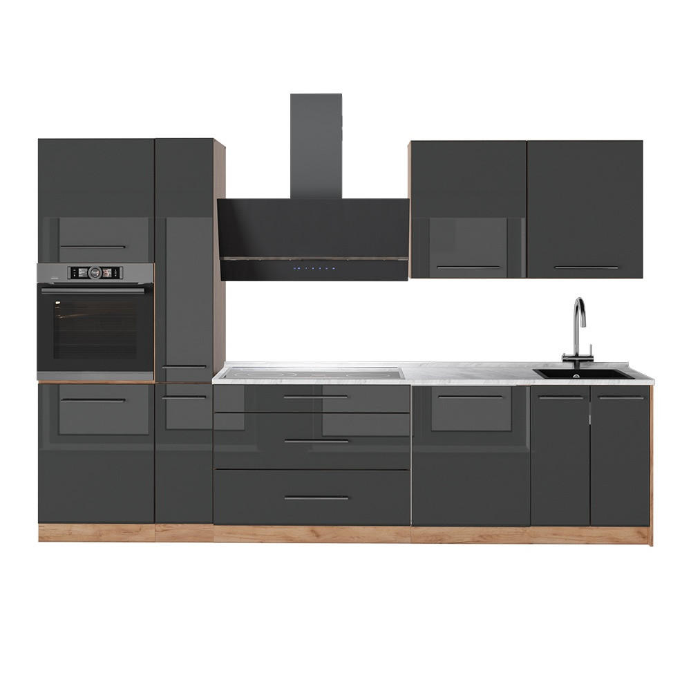 KUCHYNKA Fame-Line, Antracit vysoký lesk/Dub Goldkraft, 310 cm, AP Marble - dub medový/čierna s vysokým leskom, kompozitné drevo (310/206.8/60cm) - Vicco