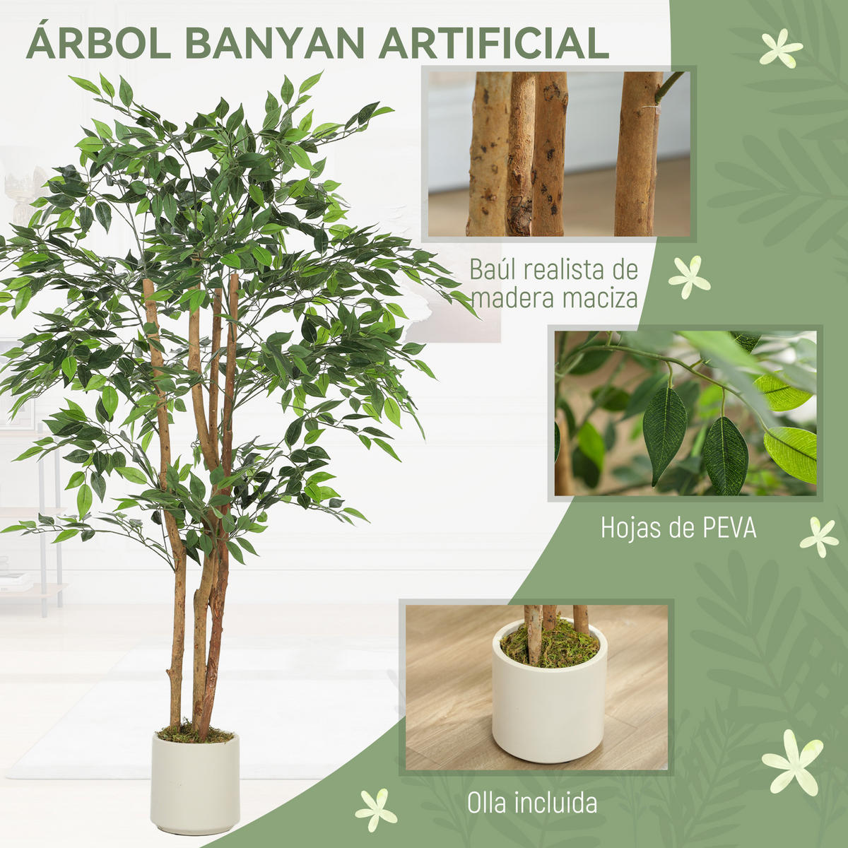 KUNSTPFLANZE, Künstlicher Ficus 150 cm, 1116 Blätter, mit Topf, für Innenbereich, grün & realistisch - Multicolor, Kunststoff (150cm) - FORIOUS