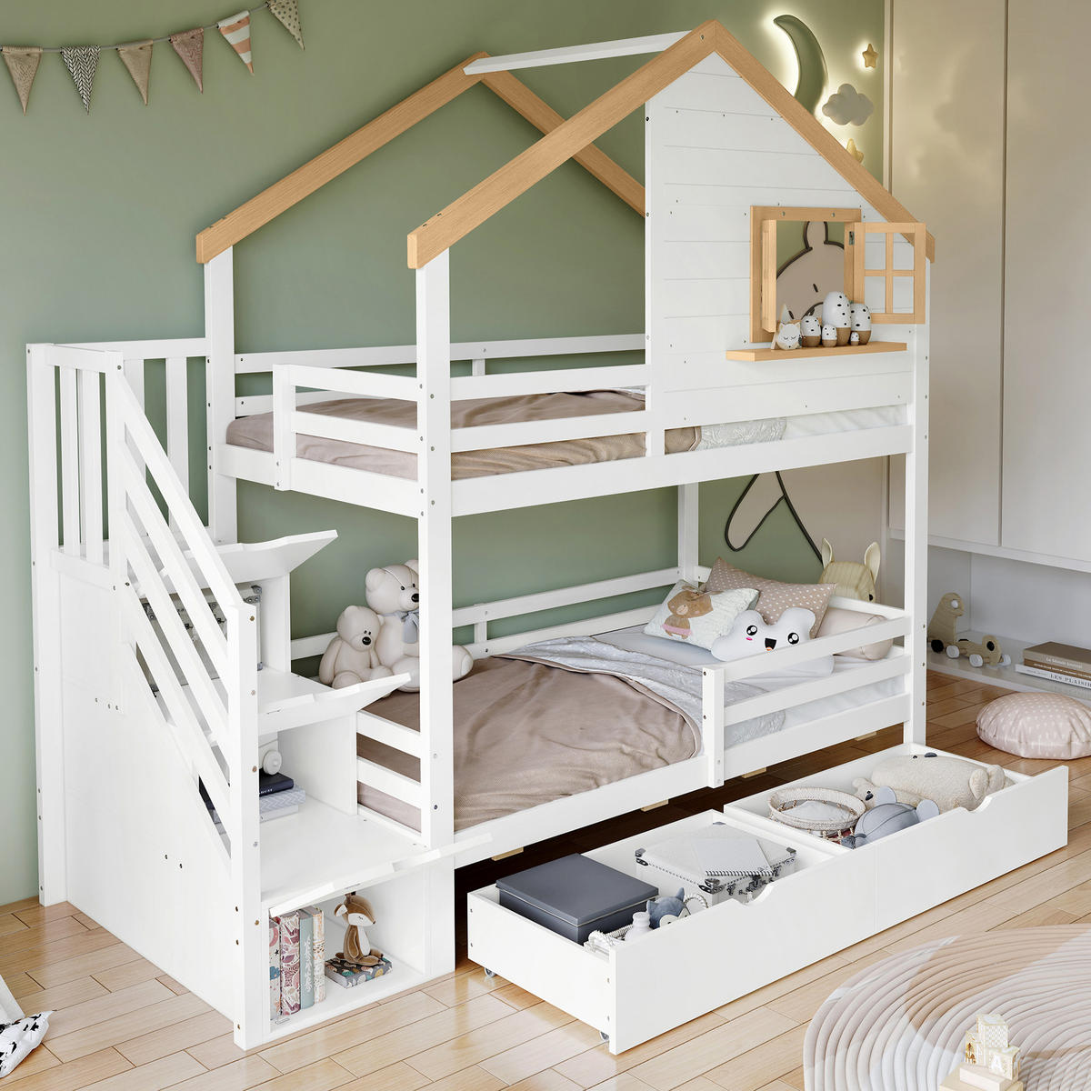 ETAGENBETT 90x200 cm Haus Treppe weiß - Weiß, Holz (90/200cm) - LEBENLANG