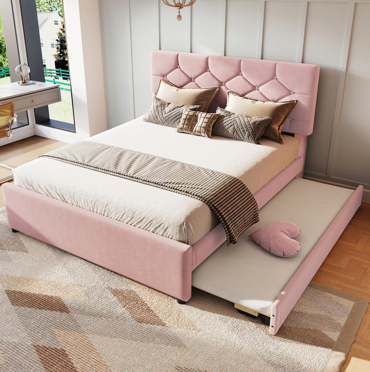 POLSTERBETT mit Rollbett 140x200 cm Samt Pink - Pink, Metall (140/200cm) - Meubliv