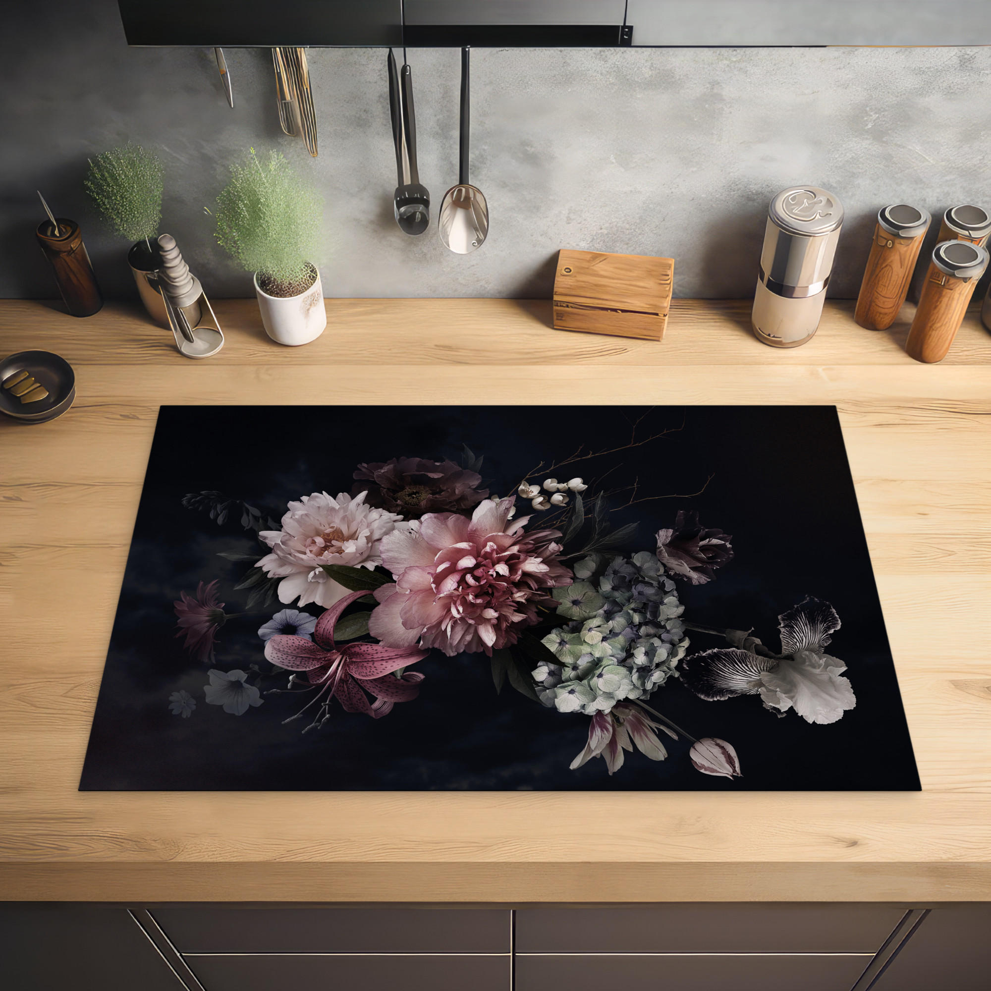 HERDABDECKPLATTE Blumen - Vintage - Pastell - Rosa - Weiß 80x52 cm - Altrosa, Kunststoff (80/0.2/52cm) - MuchoWow