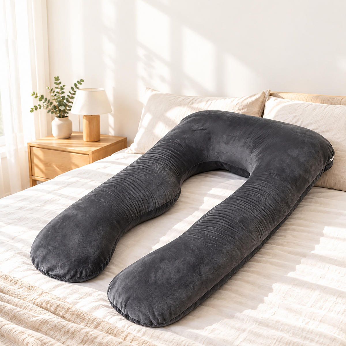 POLŠTÁŘ Antracit těhotenský tvar U sametový potah - antracitová, textil (70/140cm) - Relaxdays