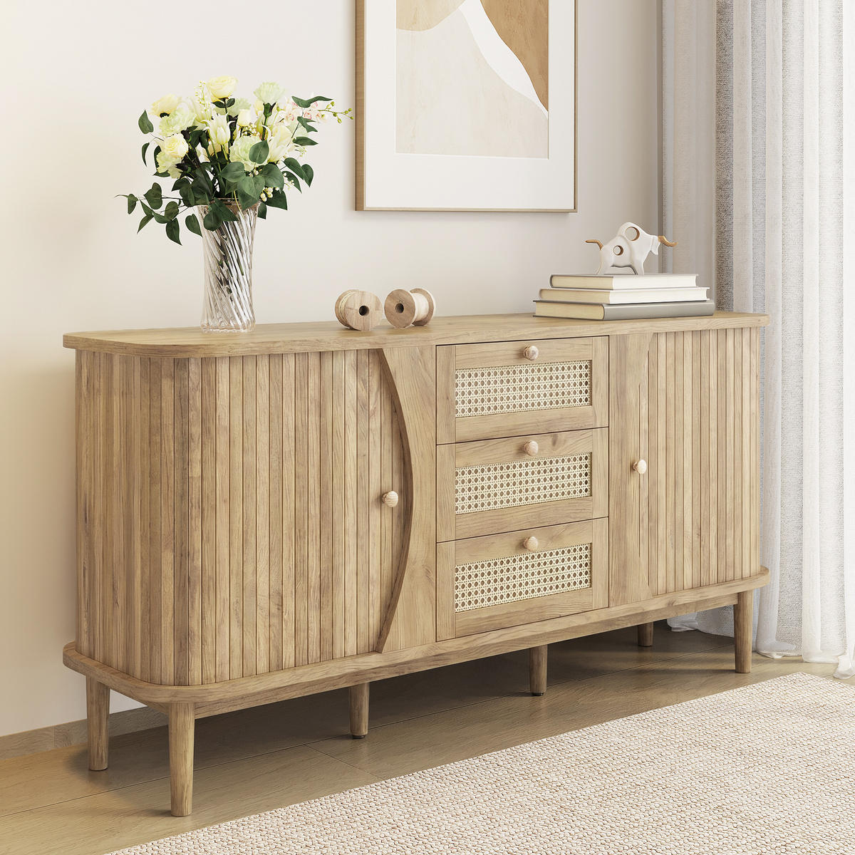 SIDEBOARD Rattan Schiebetüren verstellbare Böden modern - Naturfarben, Holzwerkstoff (40/76/140.5cm) - FLIEKS