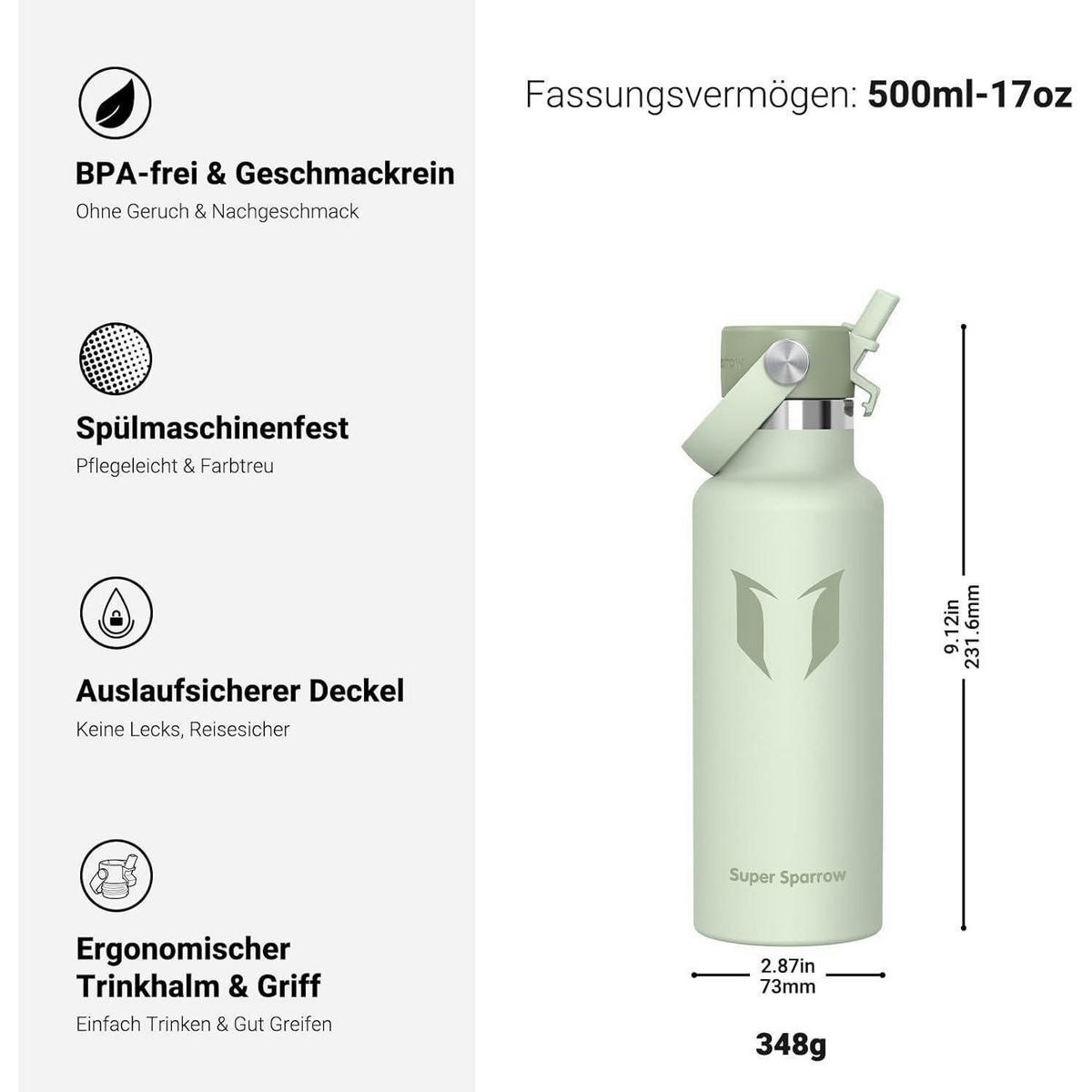 TRINKFLASCHE Edelstahl 500 ml Smaragd - Hellgrün, Metall (7.3/7.3cm)